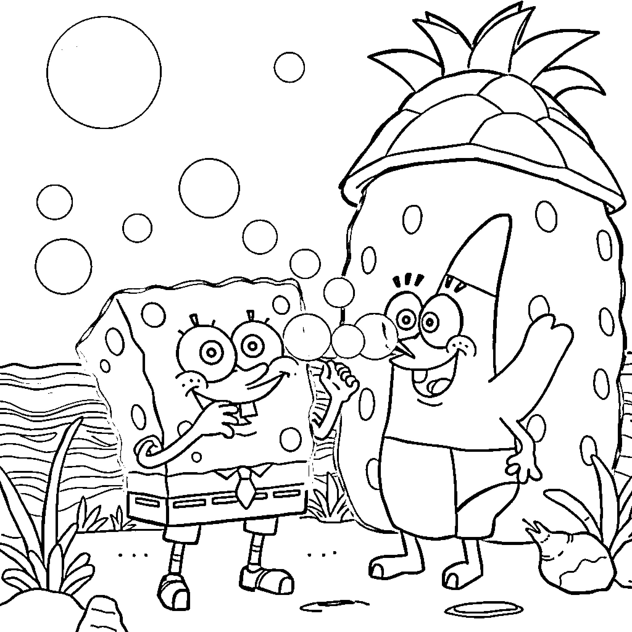 Spongebob and Patrick in a whimsical underwater scene Coloring Page (free black-and-white line drawing printable PDF for all, from beginners to advanced learners, including children, teens, adults, and seniors)