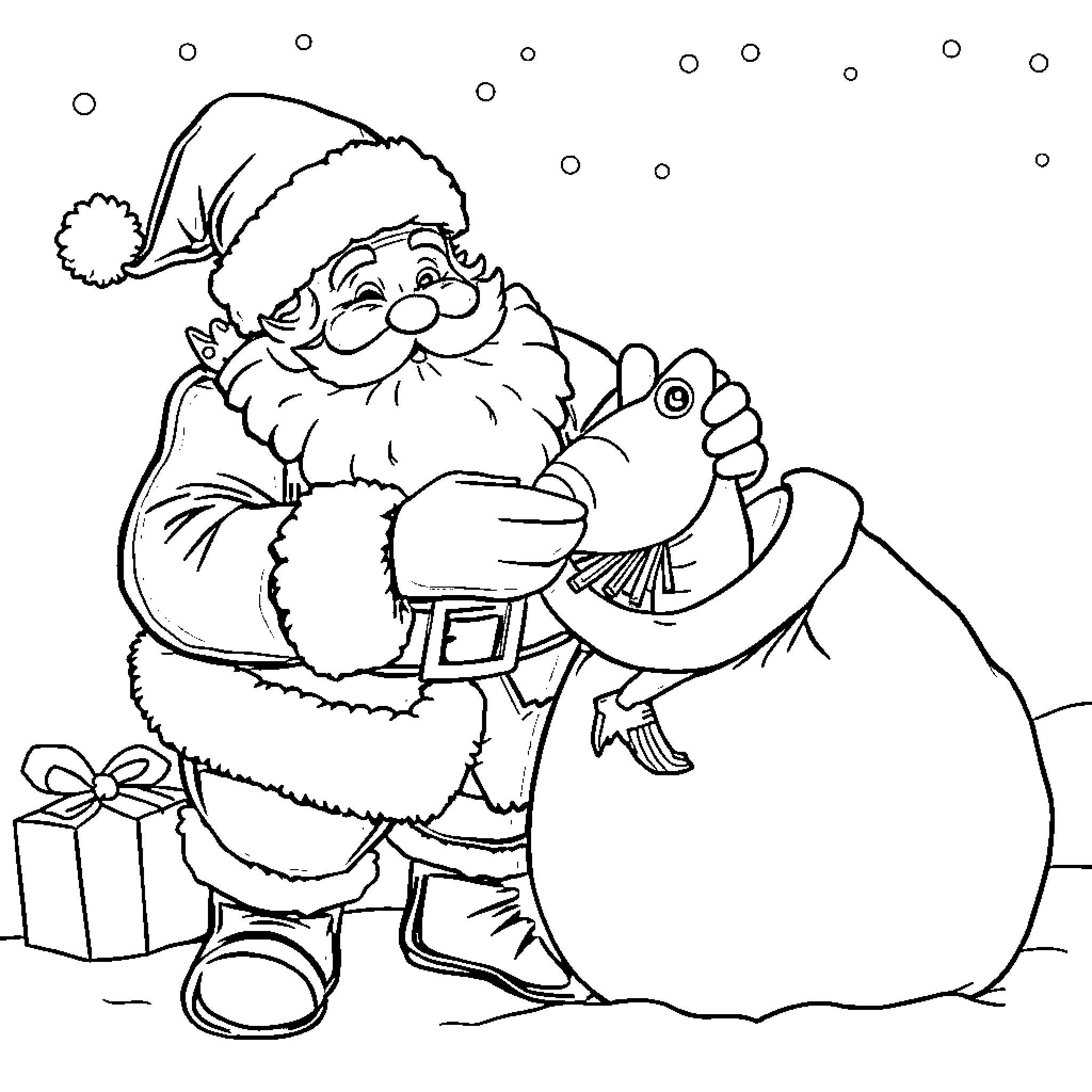 Santa Claus enjoying gift-giving in the snow Coloring Page (free black-and-white line drawing printable PDF for all, from beginners to advanced learners, including children, teens, adults, and seniors)
