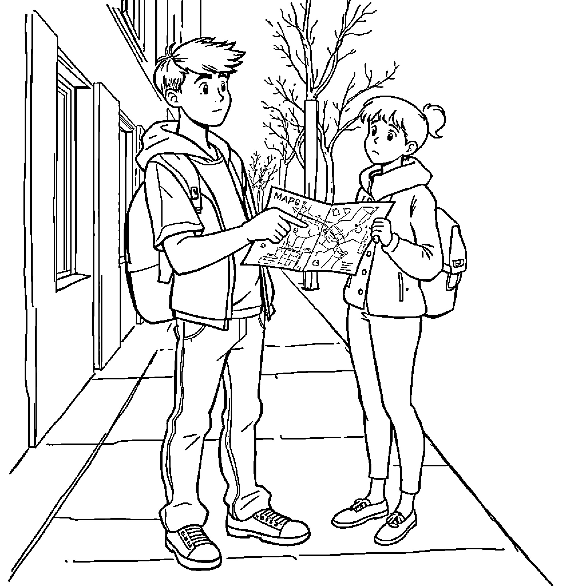 Boy and girl exploring map in school hallway Coloring Page (free black-and-white line drawing printable PDF for all, from beginners to advanced learners, including children, teens, adults, and seniors)