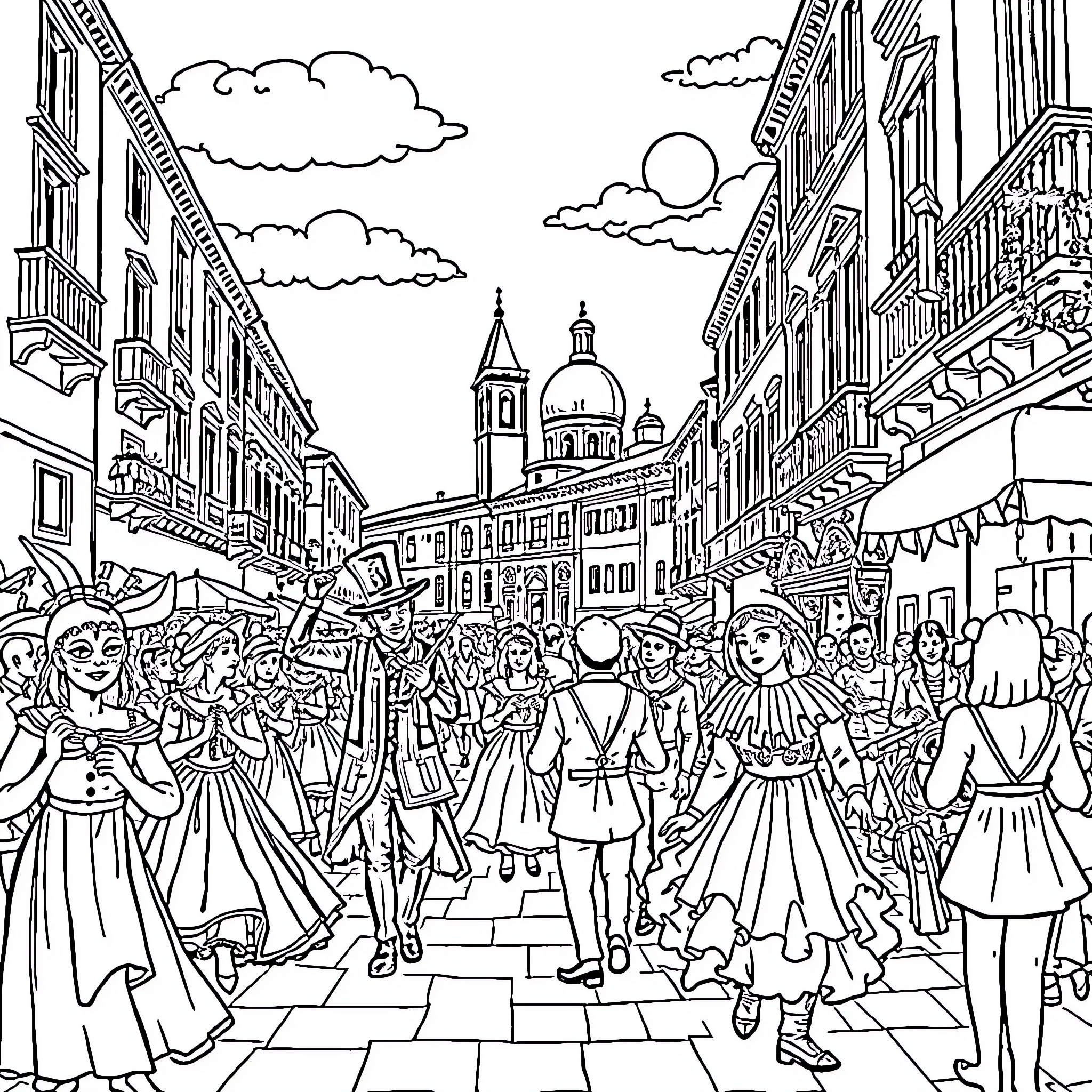 Carnaval celebrations in a vibrant historic city Coloring Page (free black-and-white line drawing printable PDF for all, from beginners to advanced learners, including children, teens, adults, and seniors)