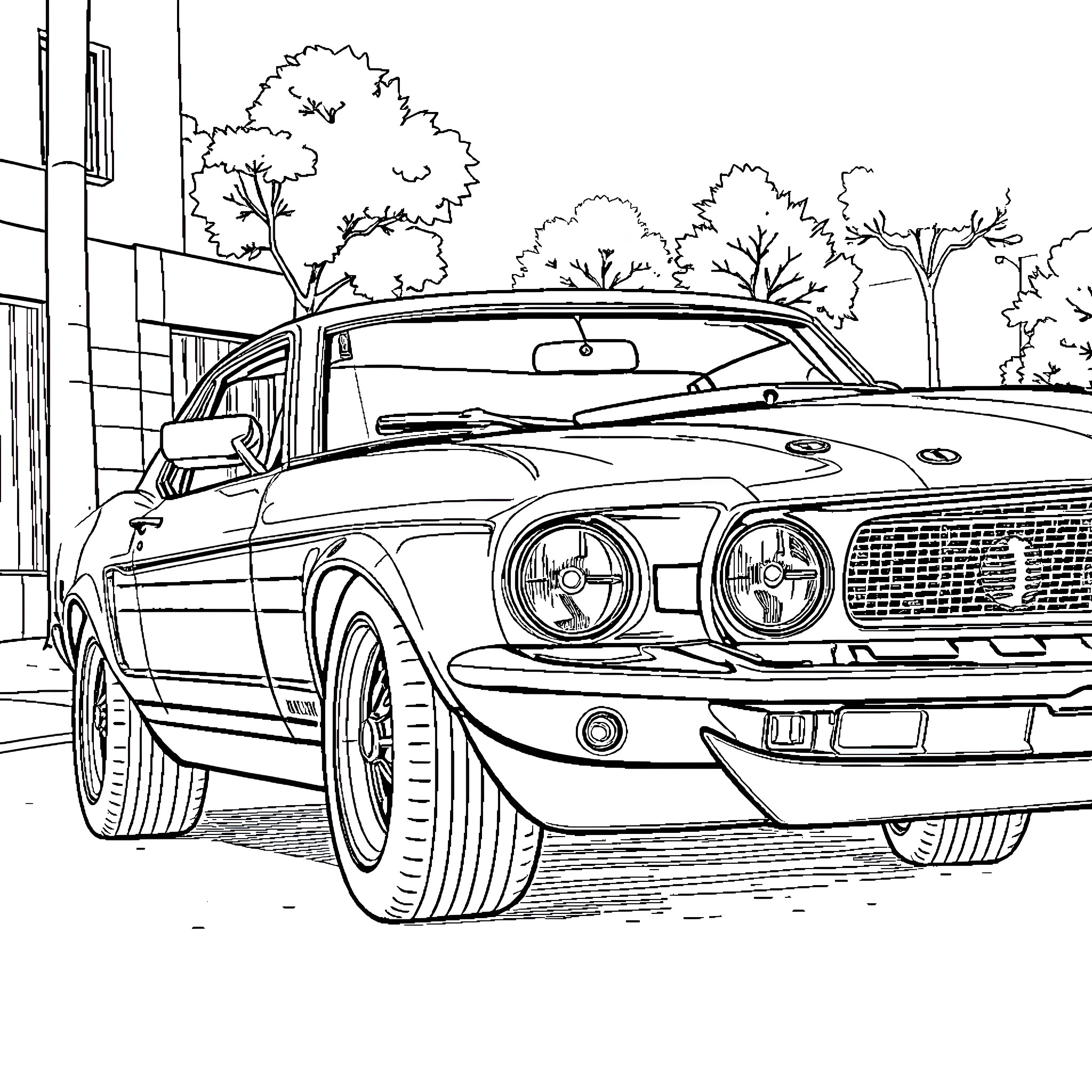 Shelby Mustang parked on the street Coloring Page (free black-and-white line drawing printable PDF for all, from beginners to advanced learners, including children, teens, adults, and seniors)