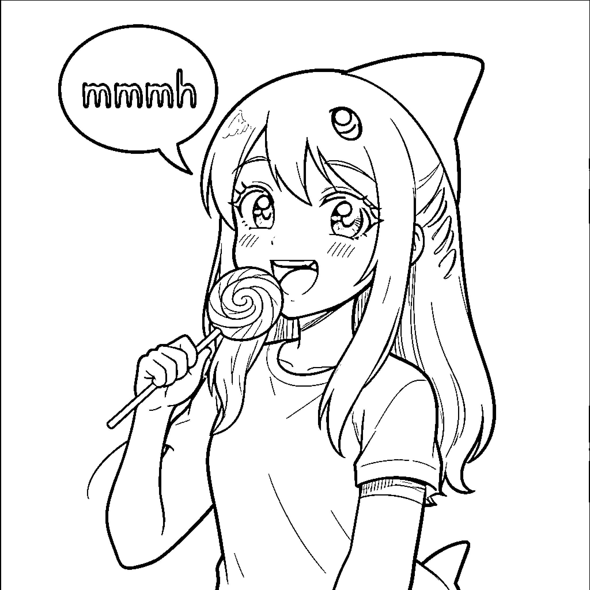 Shark Girl happily eating a sweet lollipop Coloring Page (free black-and-white line drawing printable PDF for all, from beginners to advanced learners, including children, teens, adults, and seniors)