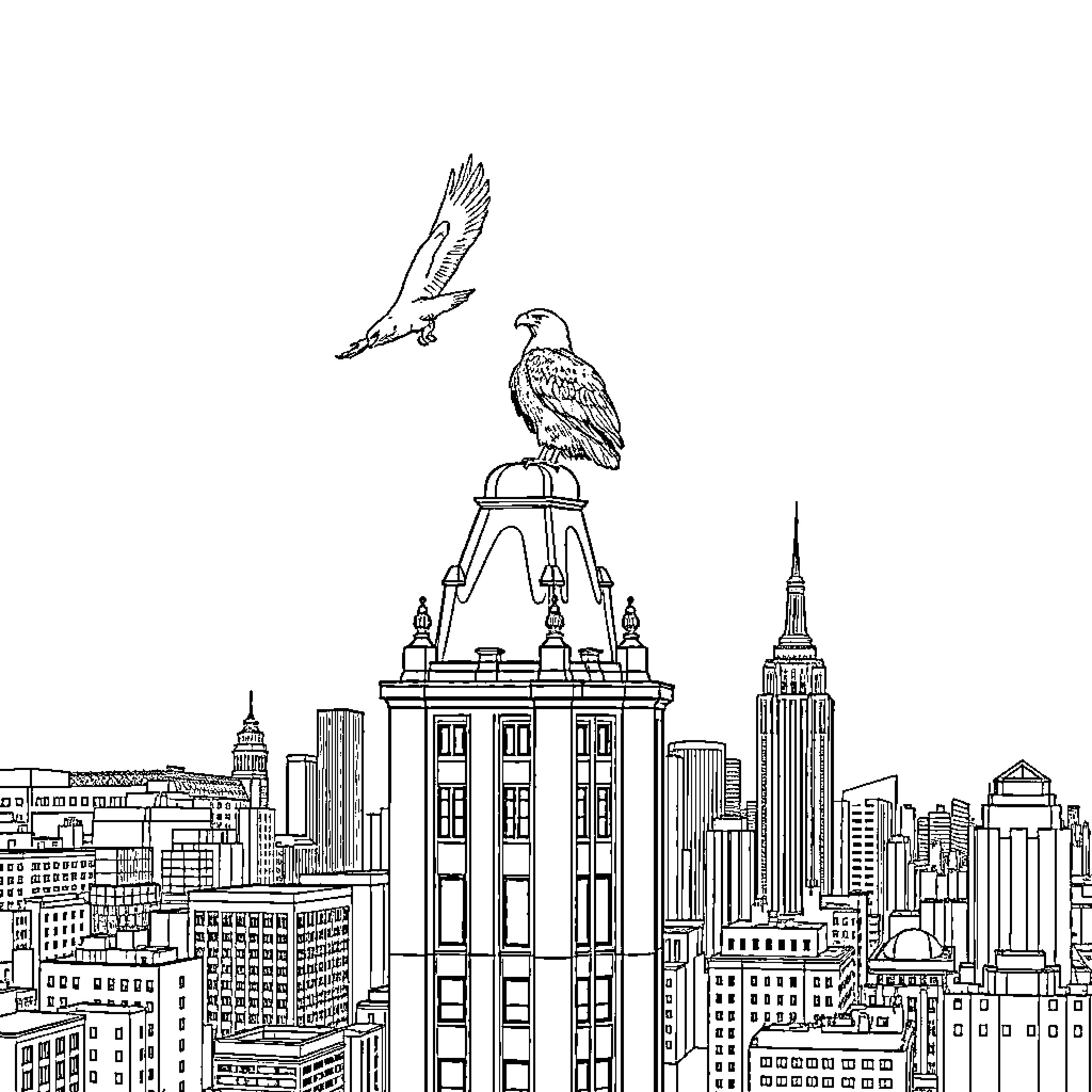 Eagle Soaring Over Majestic City Skyline Coloring Page (free black-and-white line drawing printable PDF for all, from beginners to advanced learners, including children, teens, adults, and seniors)