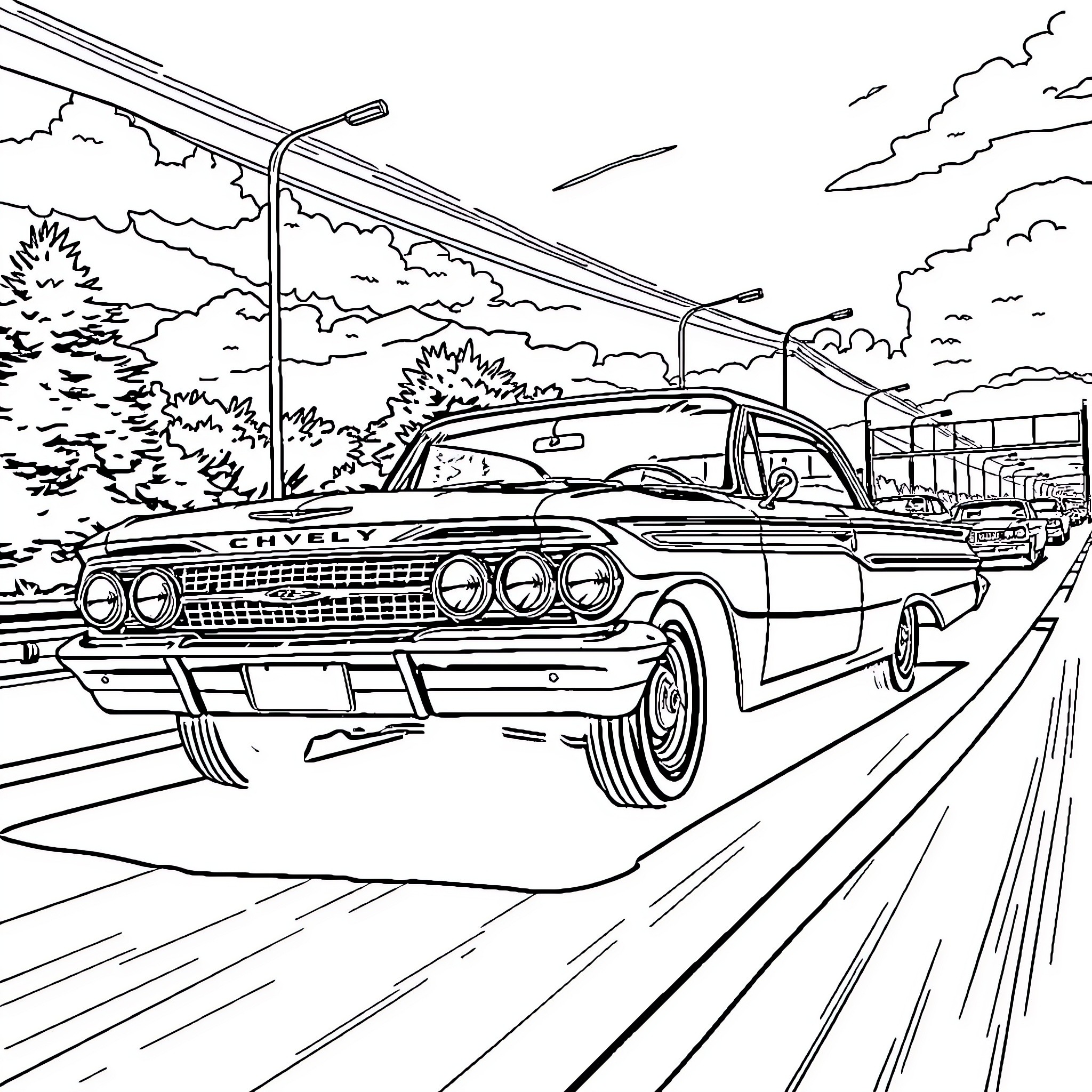 Chevy Cruising Through the Open Road Coloring Page (free black-and-white line drawing printable PDF for all, from beginners to advanced learners, including children, teens, adults, and seniors)