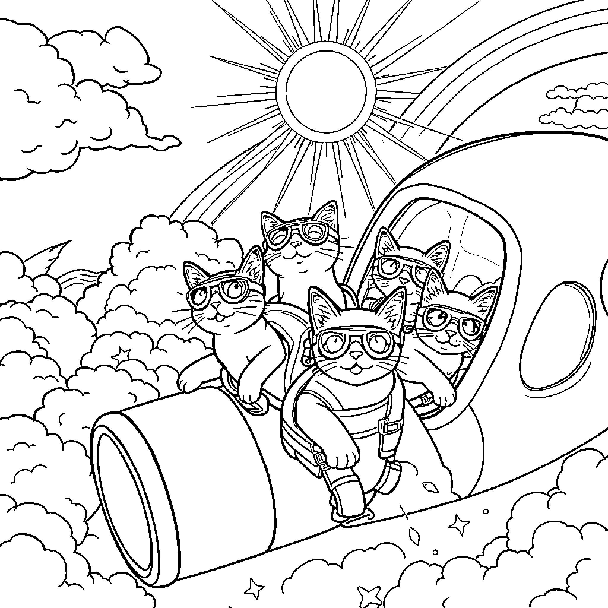 Cats exploring the sunny outdoors in a colorful scene Coloring Page (free black-and-white line drawing printable PDF for all, from beginners to advanced learners, including children, teens, adults, and seniors)