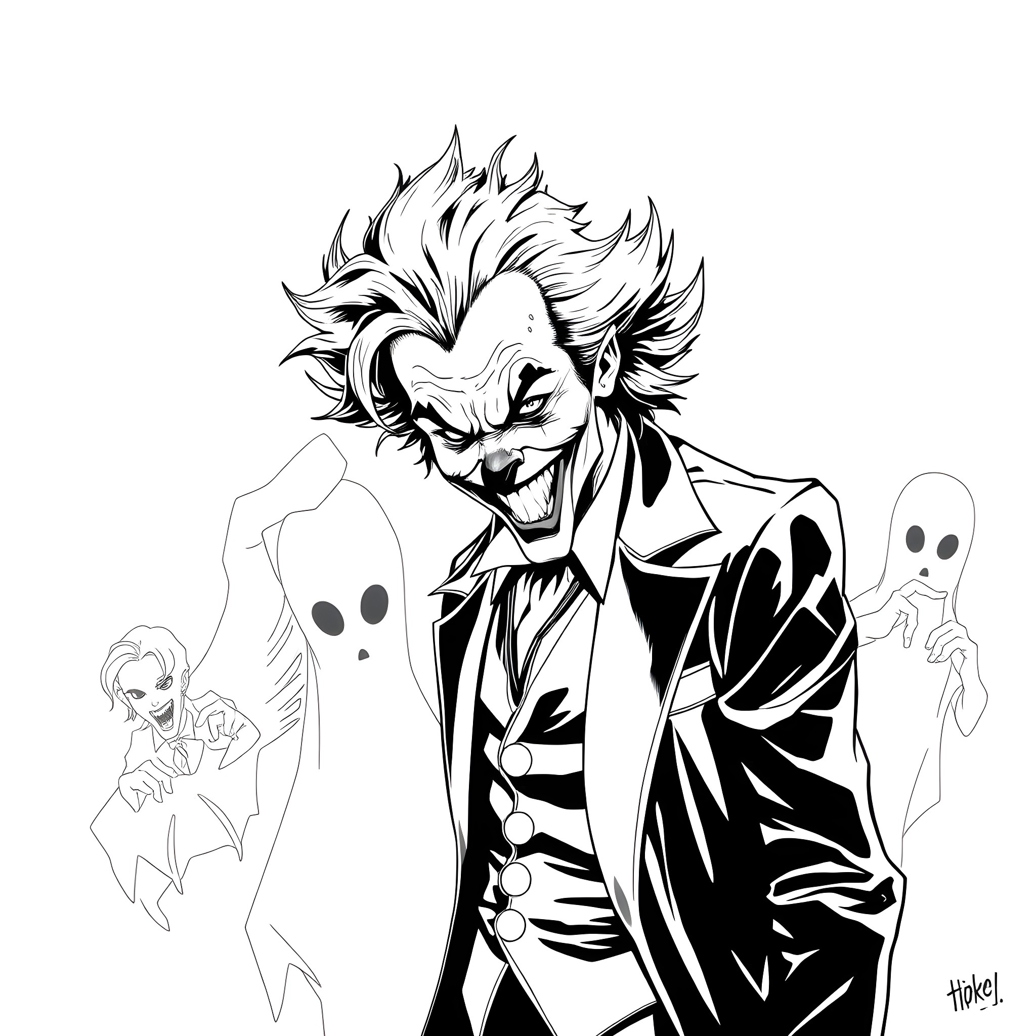 Joker's Twisted Grin and Ghostly Figures Coloring Page (free black-and-white line drawing printable PDF for all, from beginners to advanced learners, including children, teens, adults, and seniors)