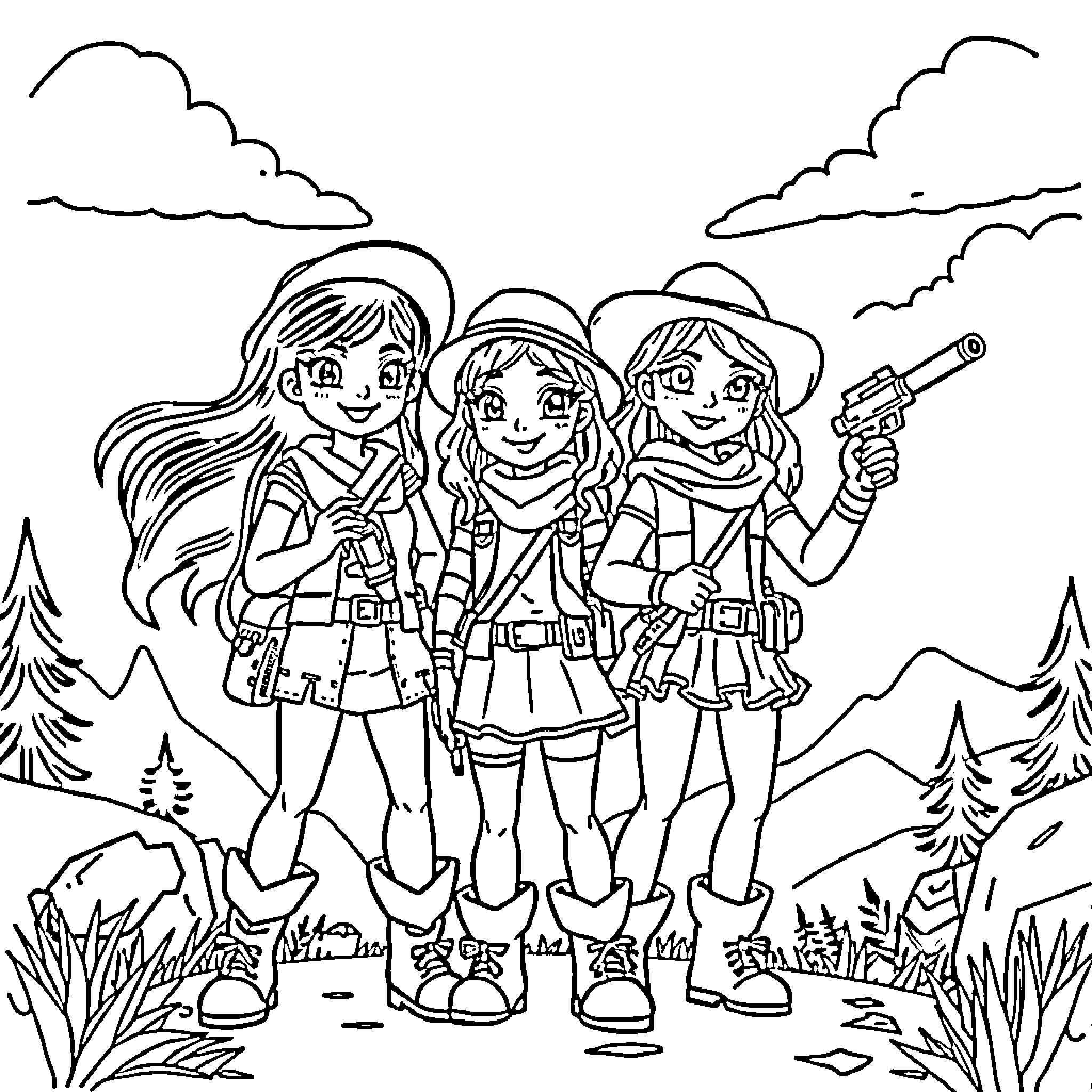 Huntrix Girl Explorers on an Adventure Coloring Page (free black-and-white line drawing printable PDF for all, from beginners to advanced learners, including children, teens, adults, and seniors)