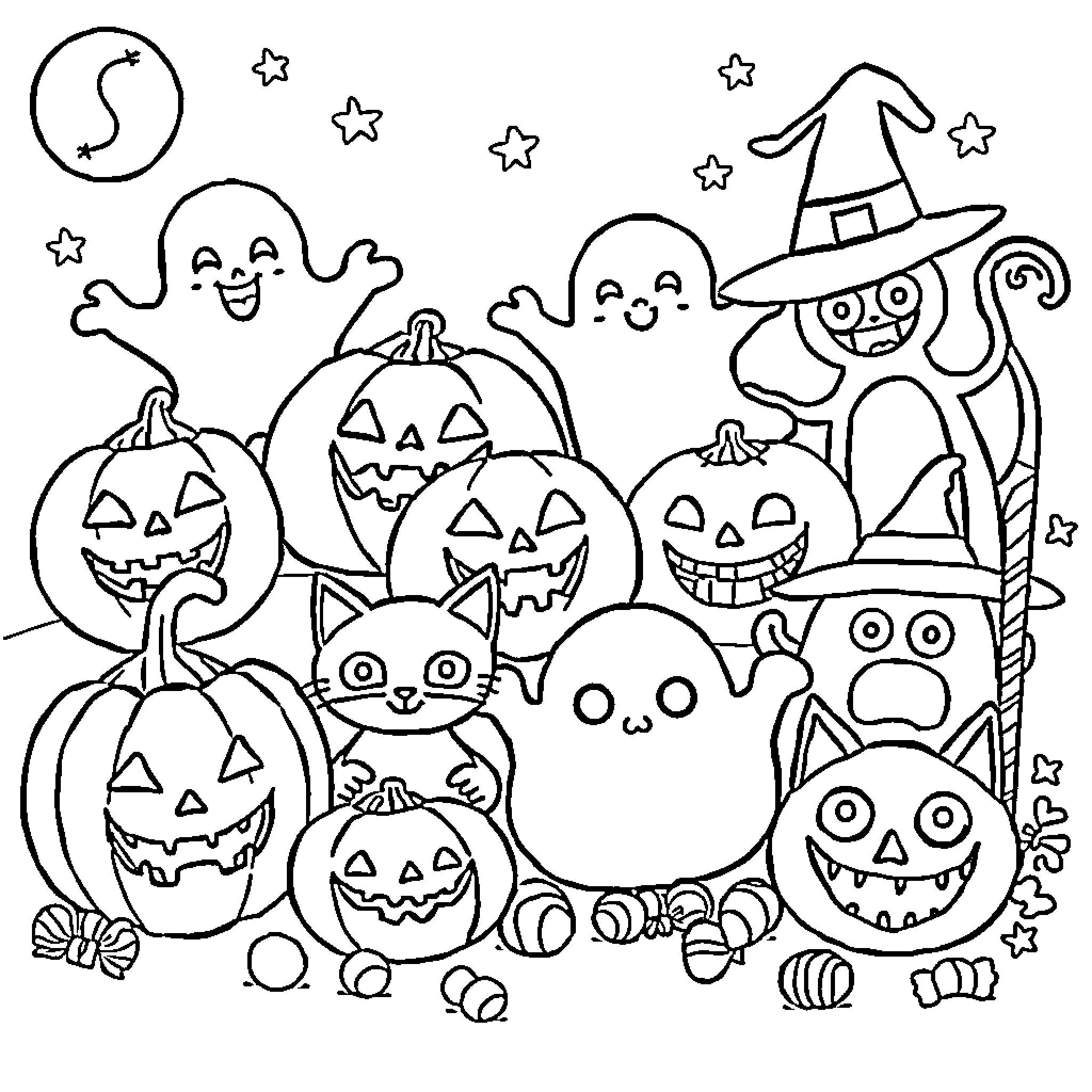 Halloween Characters in Festive Scenes Coloring Page (free black-and-white line drawing printable PDF for all, from beginners to advanced learners, including children, teens, adults, and seniors)