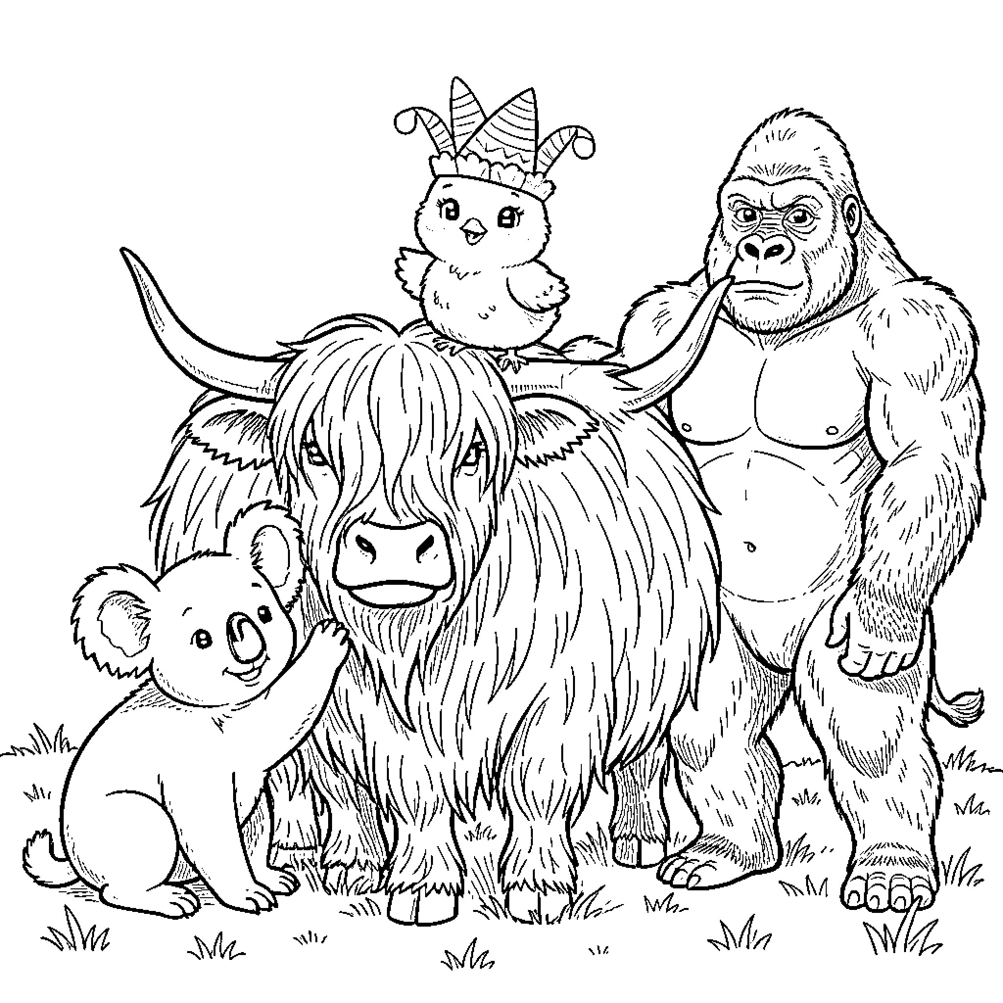 Chick characters in a jungle scene Coloring Page (free black-and-white line drawing printable PDF for all, from beginners to advanced learners, including children, teens, adults, and seniors)