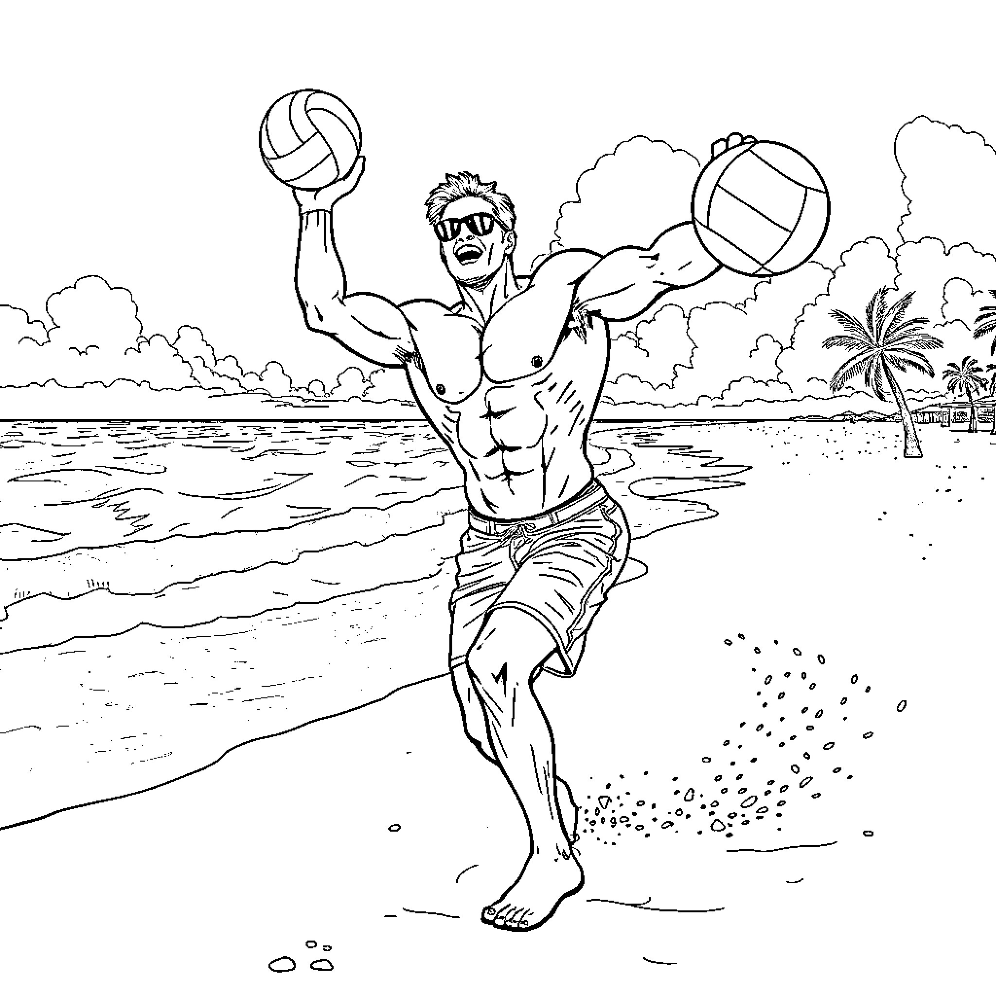 Bodybuilder playing with beach volleyball on the shore Coloring Page (free black-and-white line drawing printable PDF for all, from beginners to advanced learners, including children, teens, adults, and seniors)