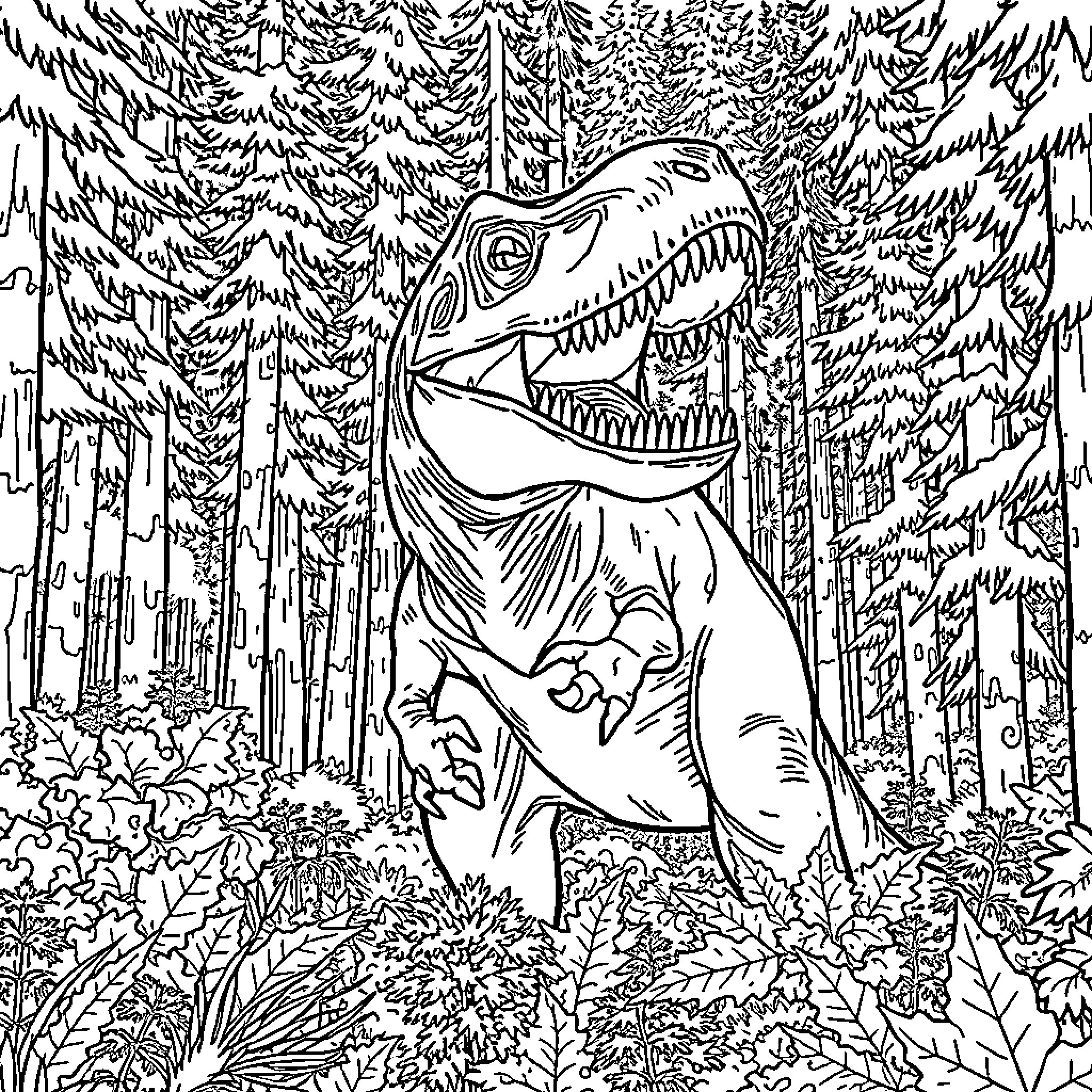 T-Rex Roaming Prehistoric Forest Coloring Page (free black-and-white line drawing printable PDF for all, from beginners to advanced learners, including children, teens, adults, and seniors)
