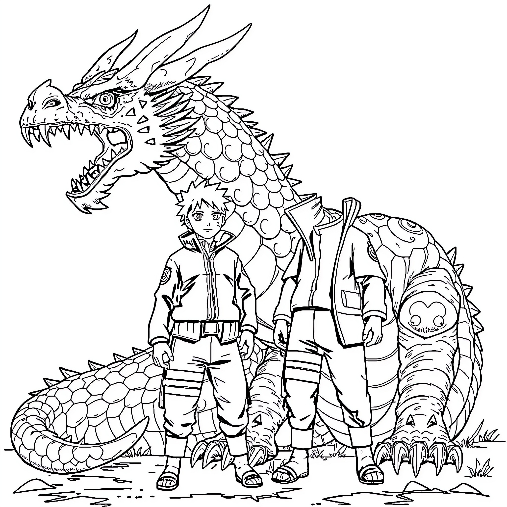 Naruto and his giant dragon companion on an adventure Coloring Page (free black-and-white line drawing printable PDF for all, from beginners to advanced learners, including children, teens, adults, and seniors)