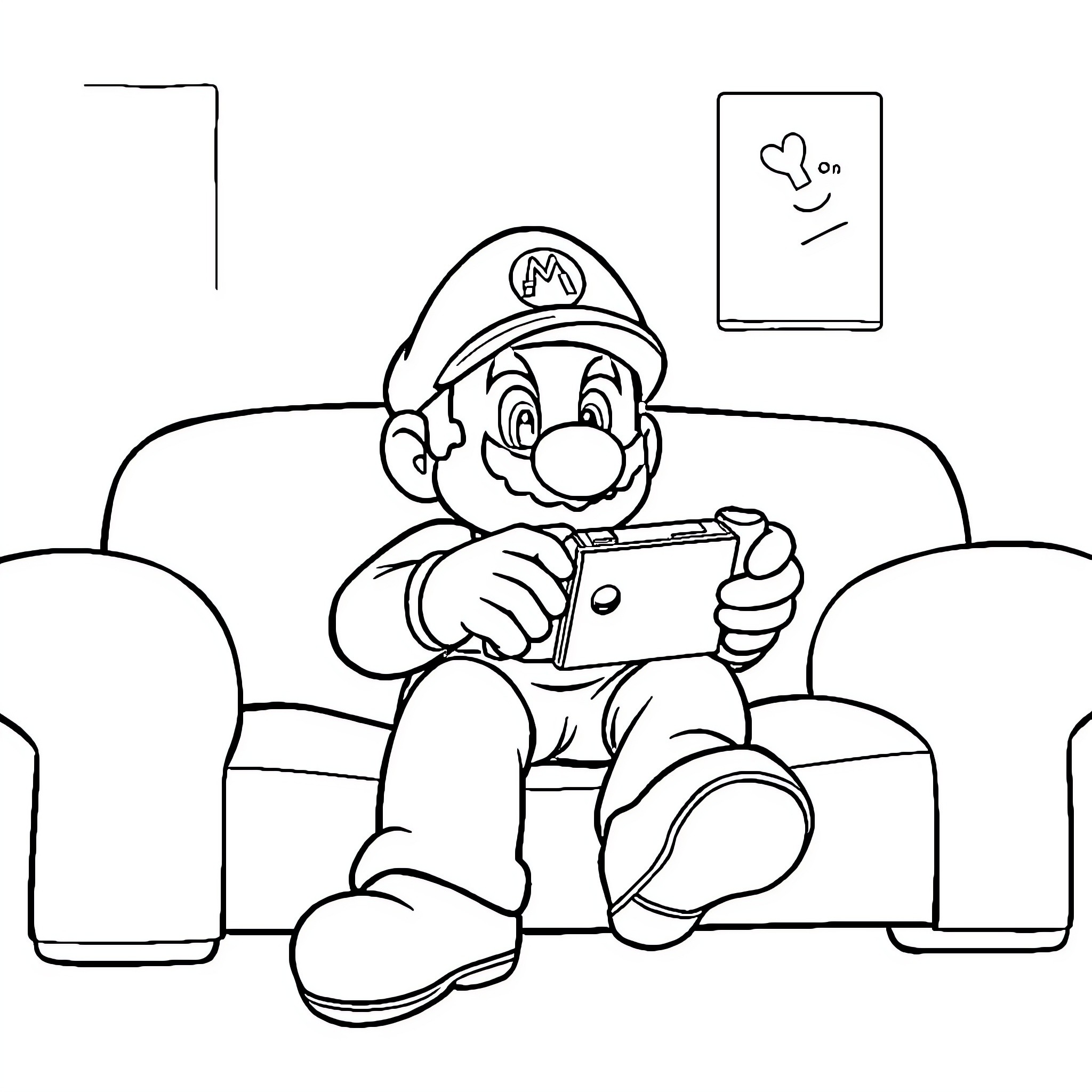 Mario Happily Playing a Video Game on the Couch Coloring Page (free black-and-white line drawing printable PDF for all, from beginners to advanced learners, including children, teens, adults, and seniors)