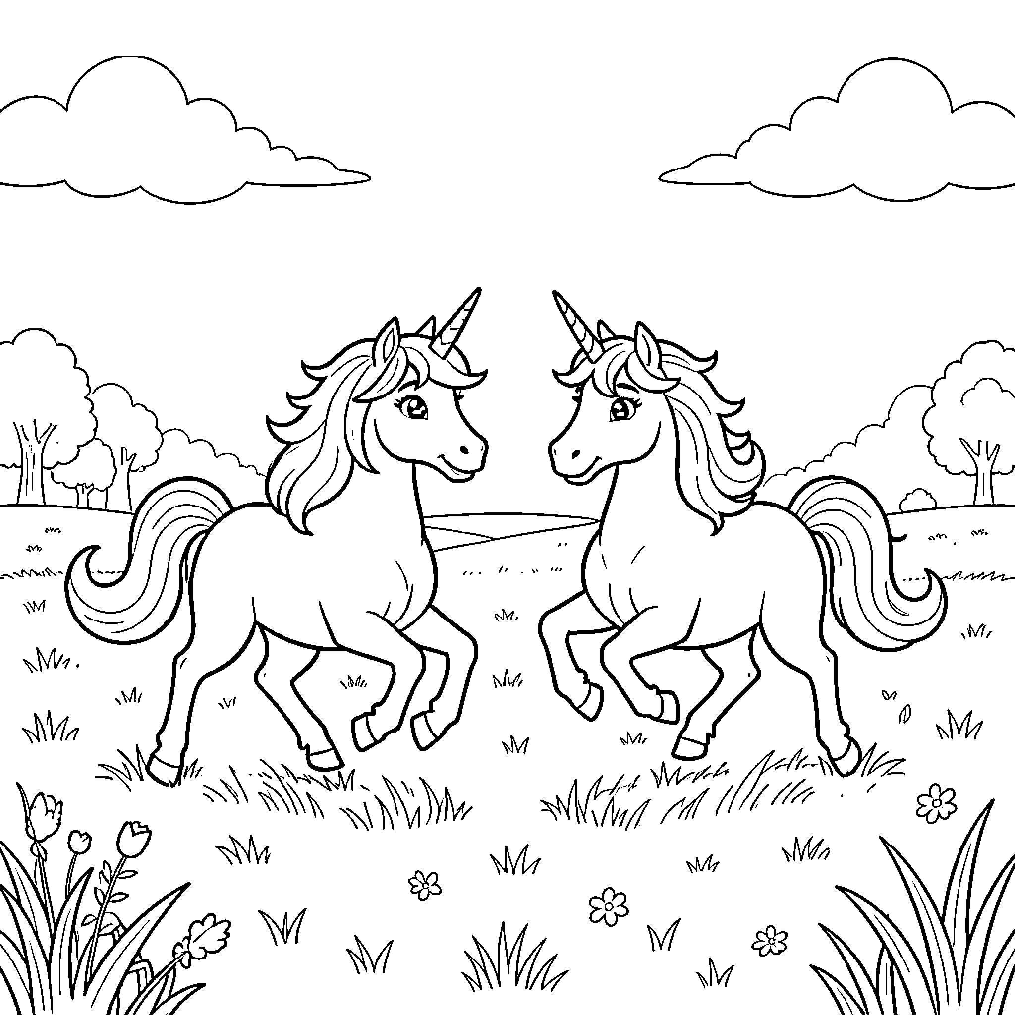 Unicorns dancing together in a grassy meadow Coloring Page (free black-and-white line drawing printable PDF for all, from beginners to advanced learners, including children, teens, adults, and seniors)