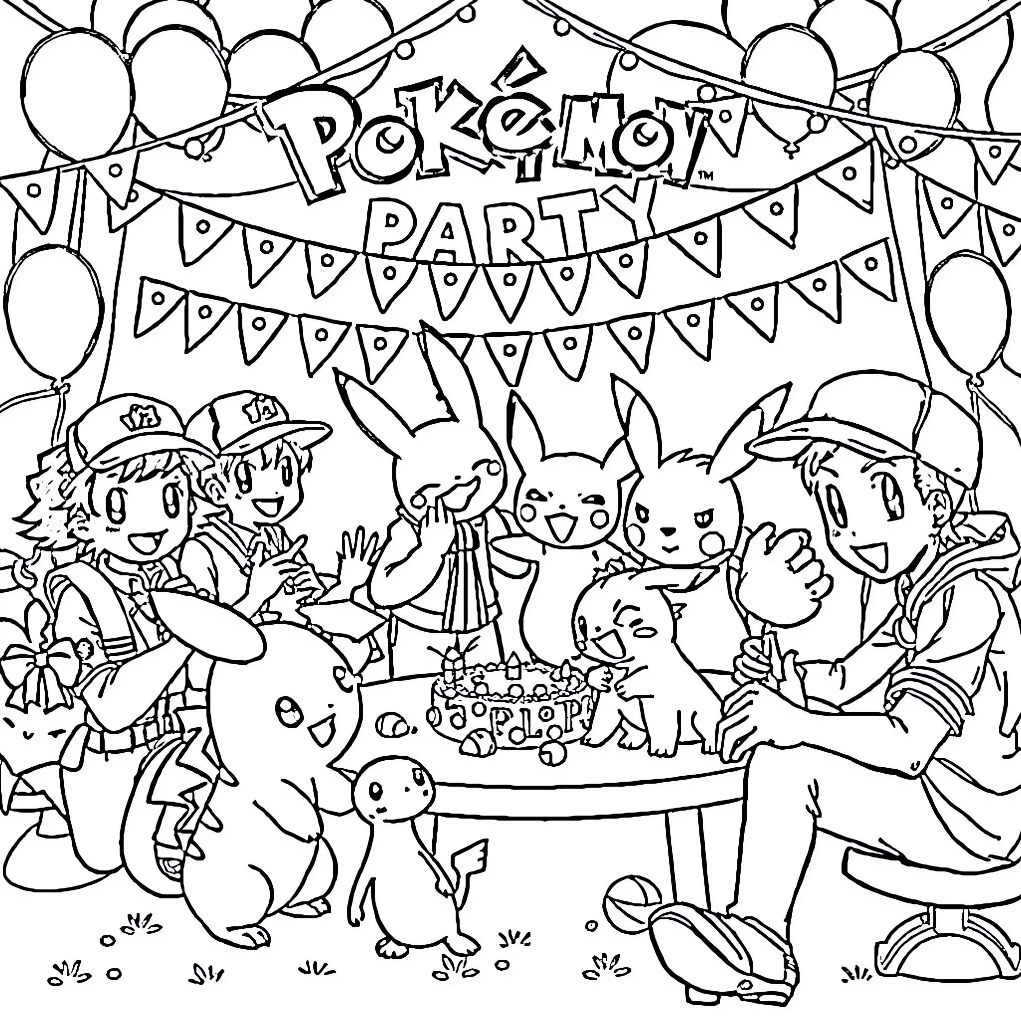 Pokémon Party with Trainers and Pokémon Celebrating Coloring Page (free black-and-white line drawing printable PDF for all, from beginners to advanced learners, including children, teens, adults, and seniors)