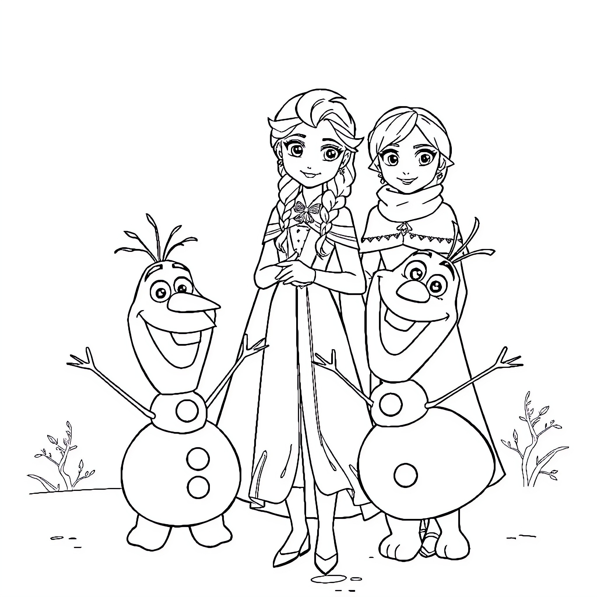 Elsa and Anna's Winter Adventure with Olaf and Kristoff Coloring Page (free black-and-white line drawing printable PDF for all, from beginners to advanced learners, including children, teens, adults, and seniors)