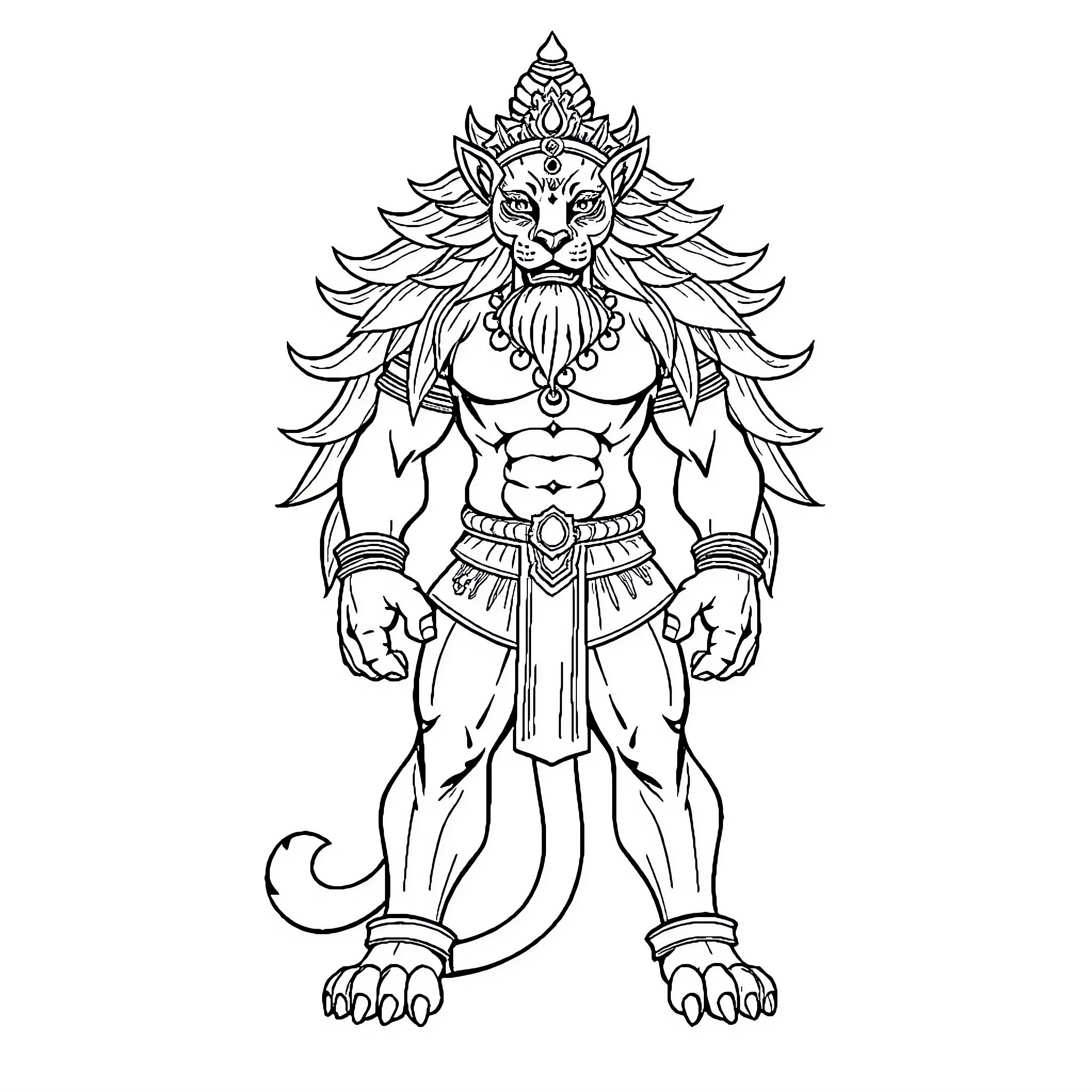 Narsingha - Mythical Warrior Deity Depicted in Ornate Attire Coloring Page (free black-and-white line drawing printable PDF for all, from beginners to advanced learners, including children, teens, adults, and seniors)