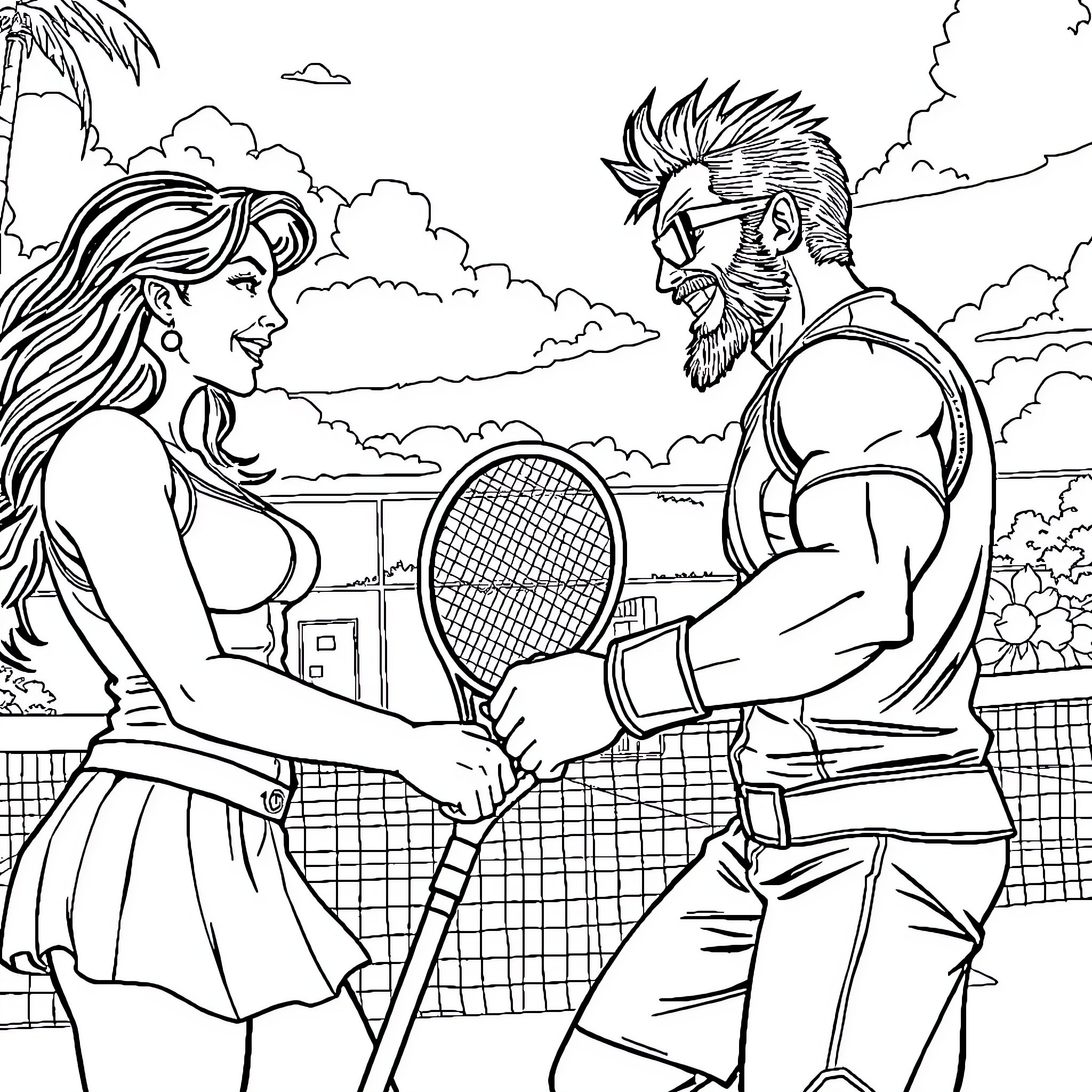Star Lord and Partner Engaged in Tennis Match Coloring Page (free black-and-white line drawing printable PDF for all, from beginners to advanced learners, including children, teens, adults, and seniors)