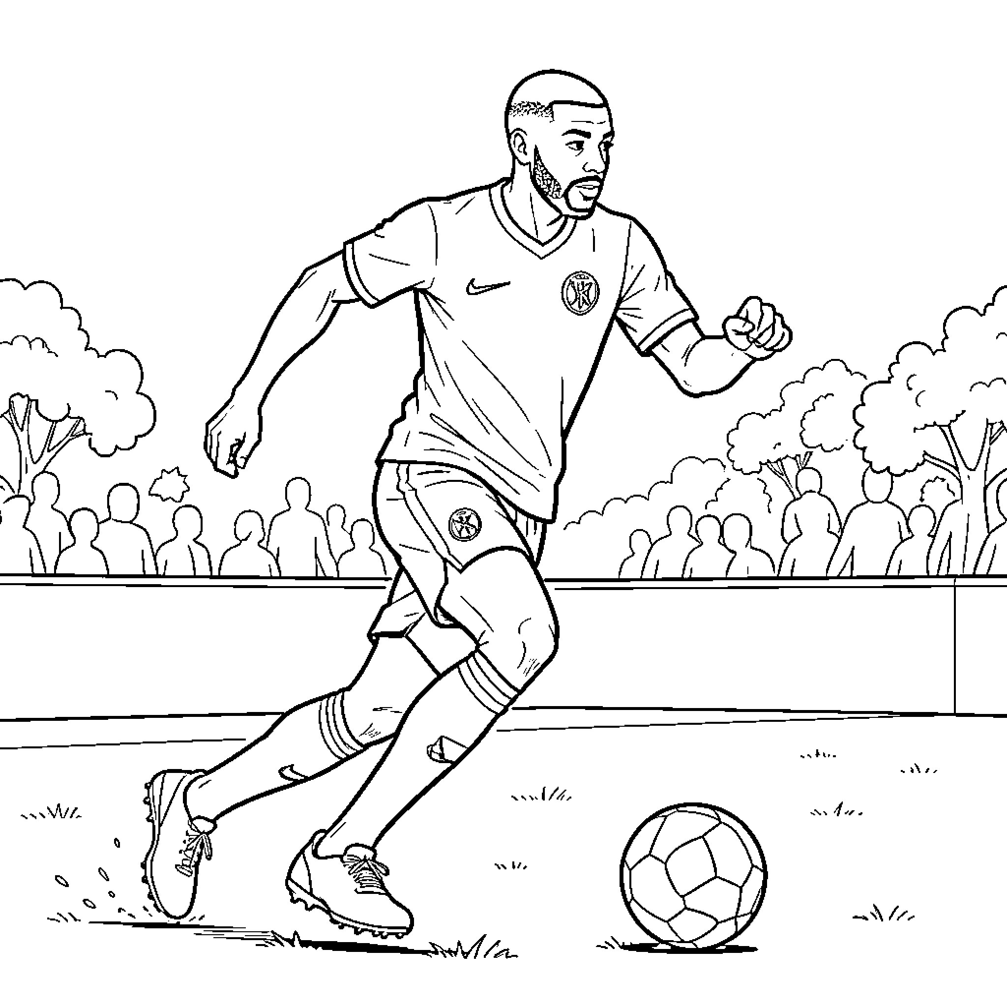 Mbappe dribbling a soccer ball during a match Coloring Page (free black-and-white line drawing printable PDF for all, from beginners to advanced learners, including children, teens, adults, and seniors)