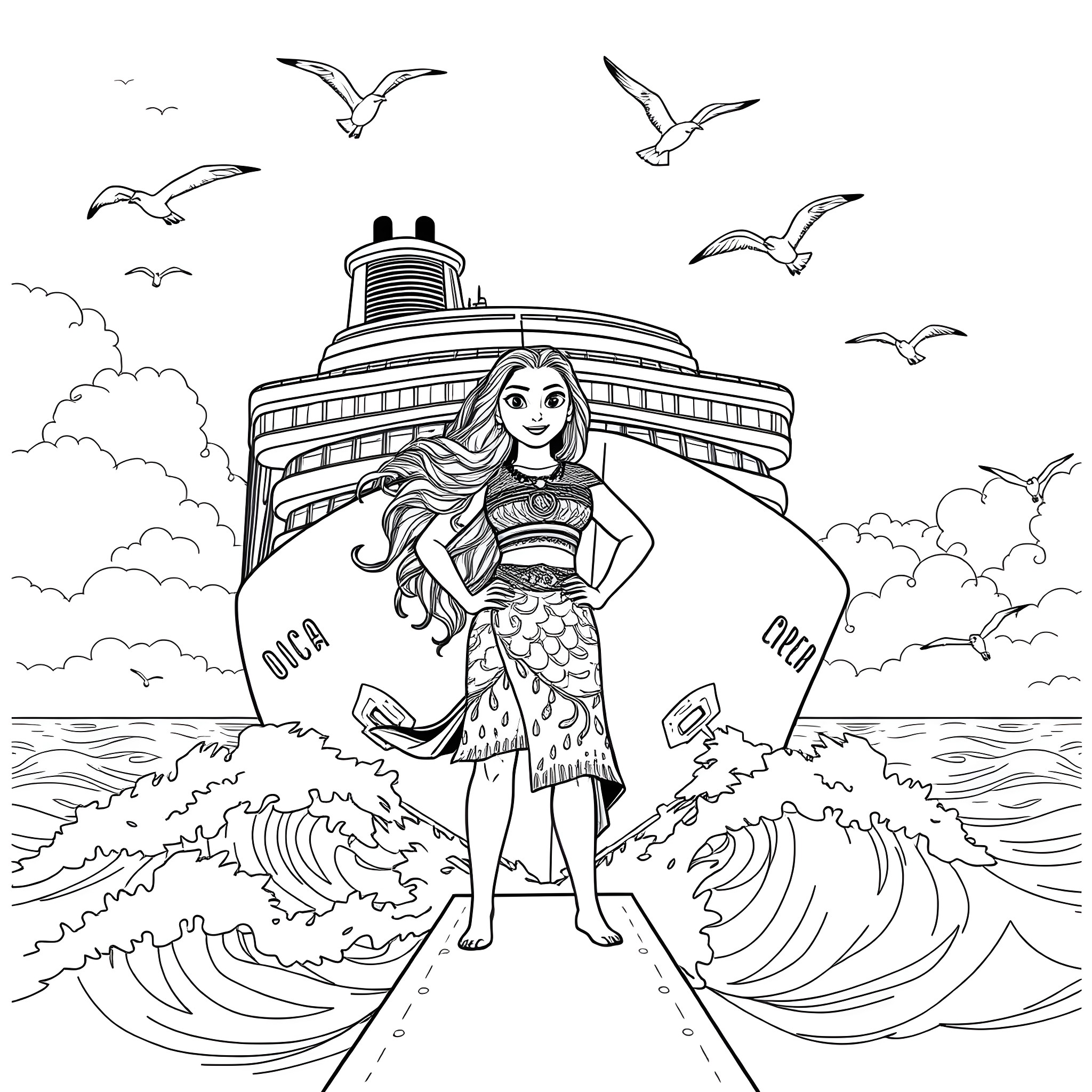 Moana sailing the open seas with seagulls in the distance Coloring Page (free black-and-white line drawing printable PDF for all, from beginners to advanced learners, including children, teens, adults, and seniors)