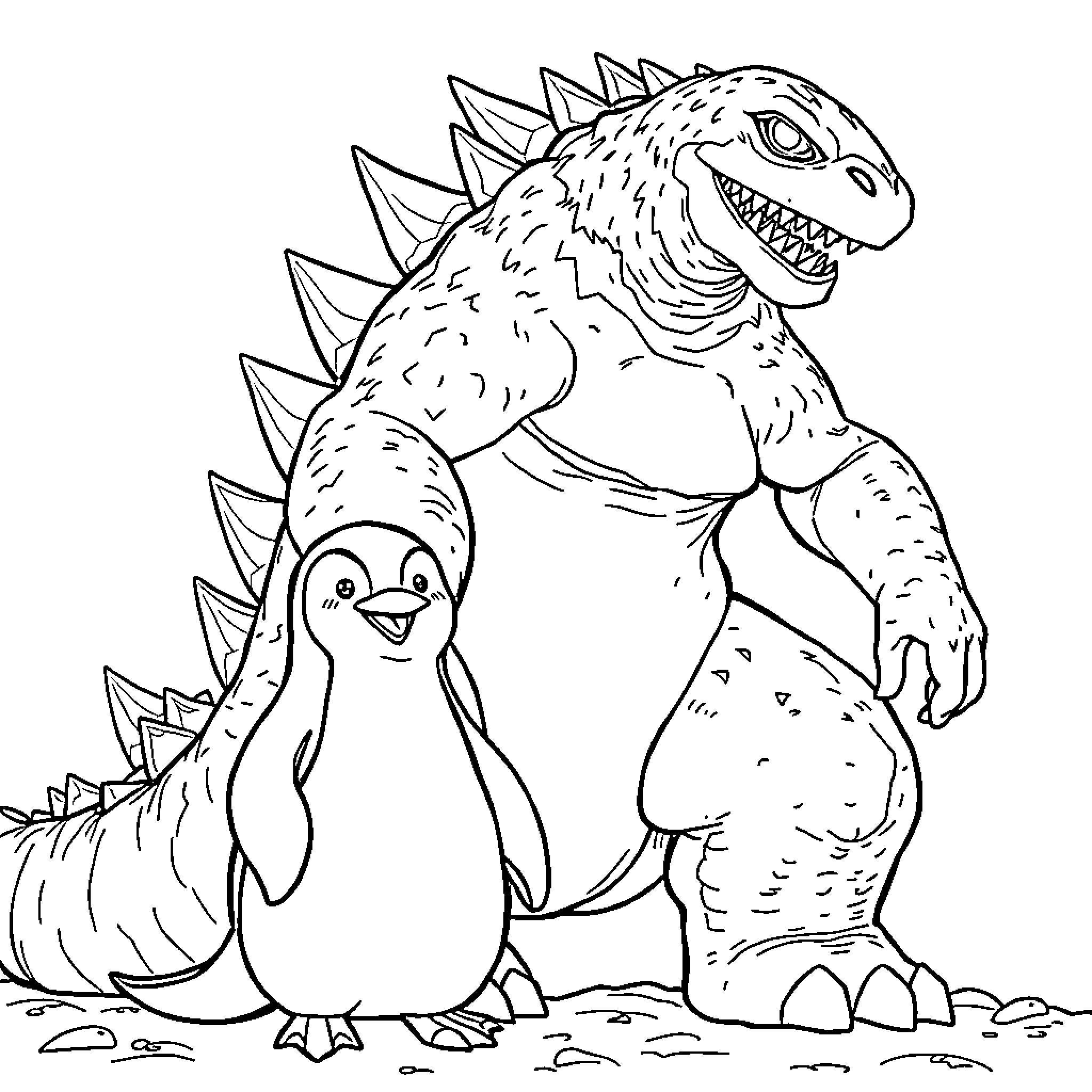 Pingu the Penguin and Mighty Dinosaur Companion Coloring Page (free black-and-white line drawing printable PDF for all, from beginners to advanced learners, including children, teens, adults, and seniors)