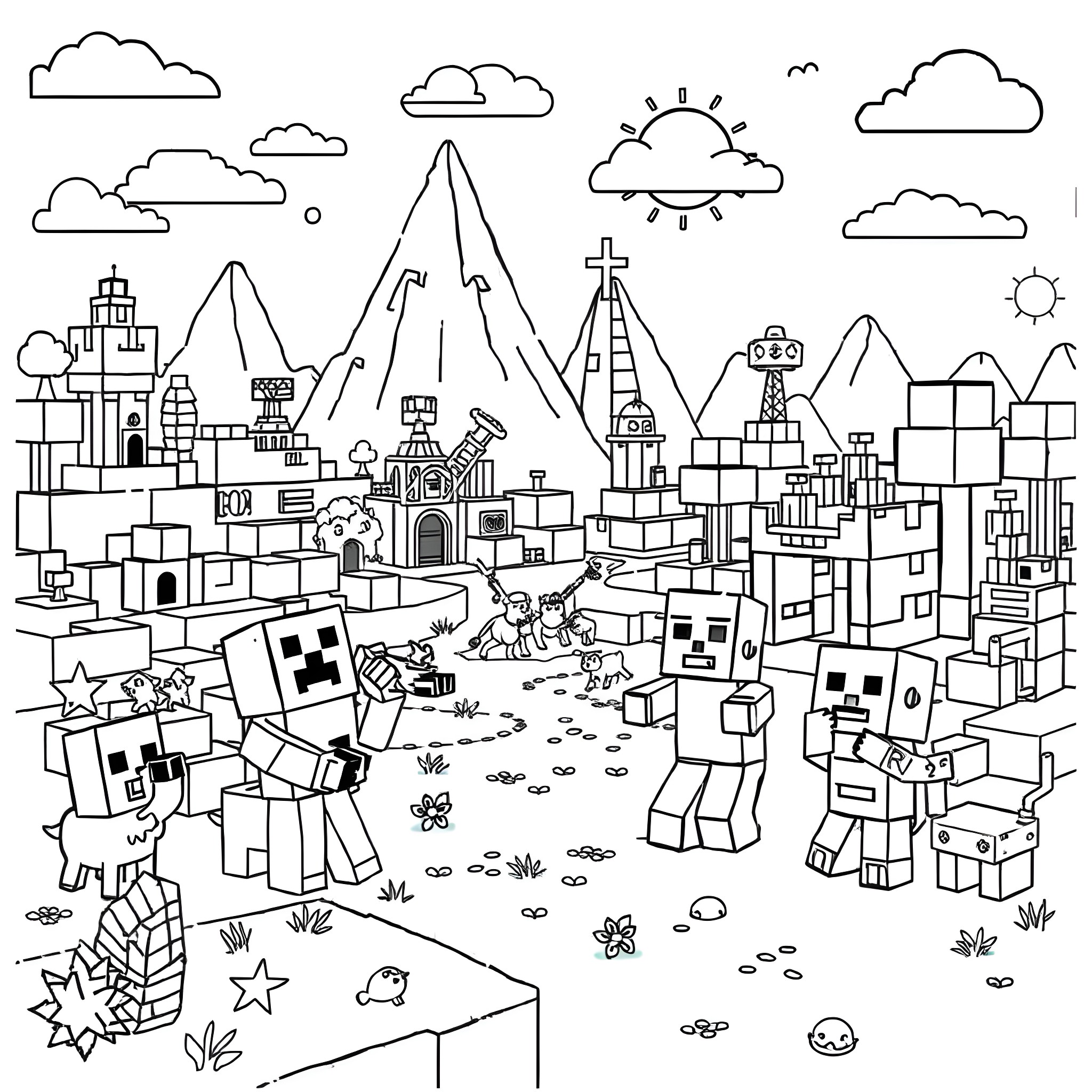 Minecraft characters exploring a colorful landscape Coloring Page (free black-and-white line drawing printable PDF for all, from beginners to advanced learners, including children, teens, adults, and seniors)