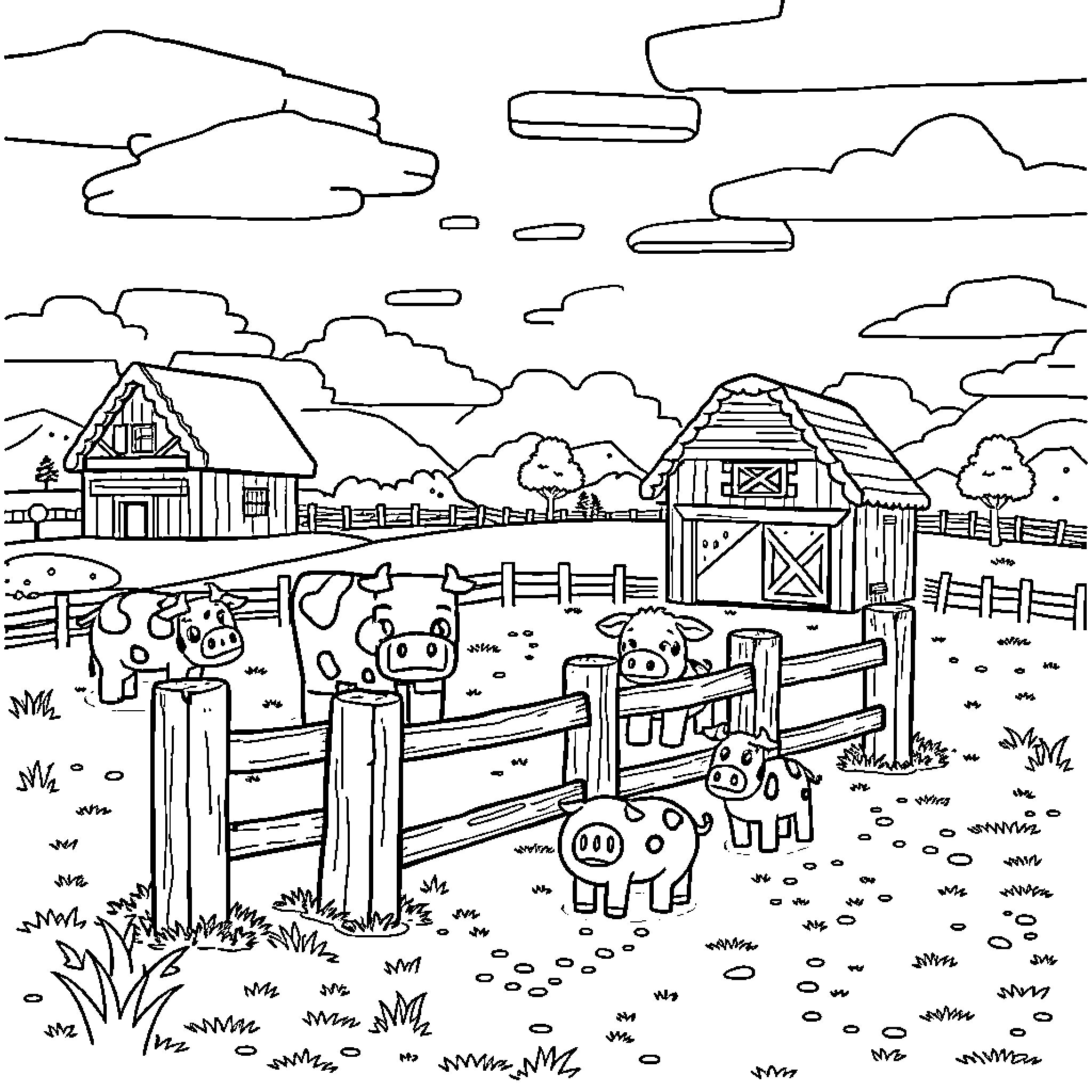 Farm animals frolicking in the countryside Coloring Page (free black-and-white line drawing printable PDF for all, from beginners to advanced learners, including children, teens, adults, and seniors)