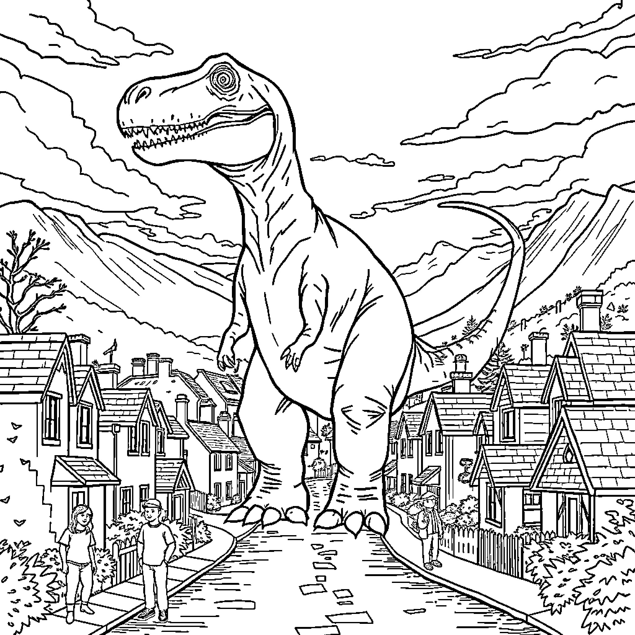 Dinosaur Towering over a Quaint Village Coloring Page (free black-and-white line drawing printable PDF for all, from beginners to advanced learners, including children, teens, adults, and seniors)