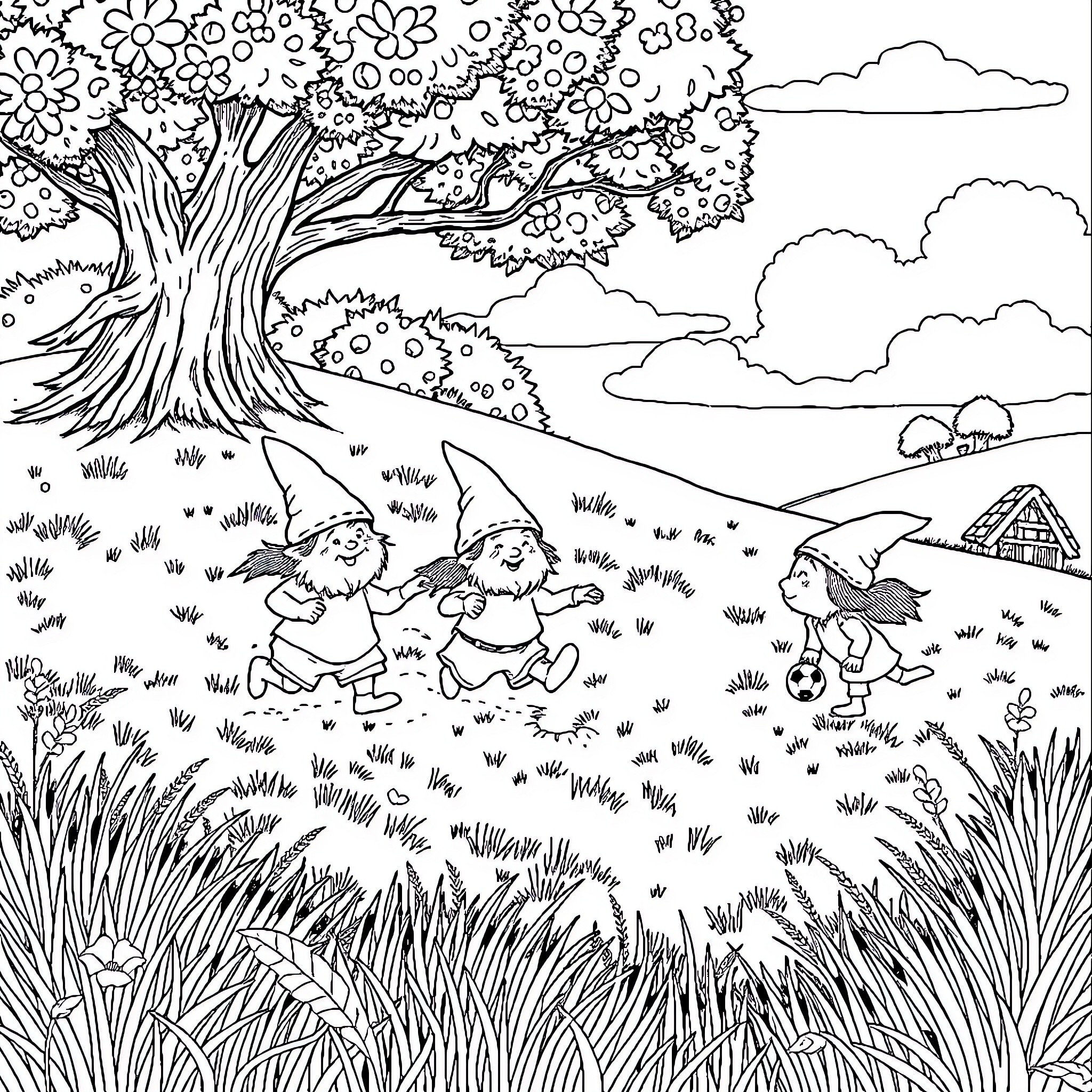 Hobbit children playing in the enchanted garden Coloring Page (free black-and-white line drawing printable PDF for all, from beginners to advanced learners, including children, teens, adults, and seniors)