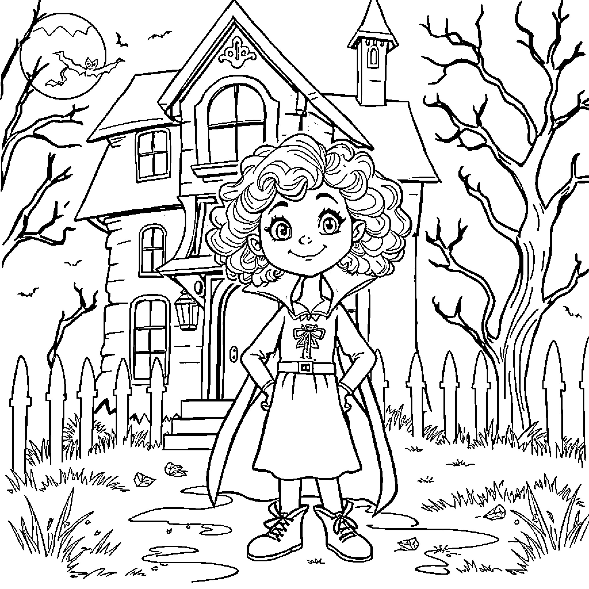 Vampire Girl in Front of Haunted House Coloring Page (free black-and-white line drawing printable PDF for all, from beginners to advanced learners, including children, teens, adults, and seniors)