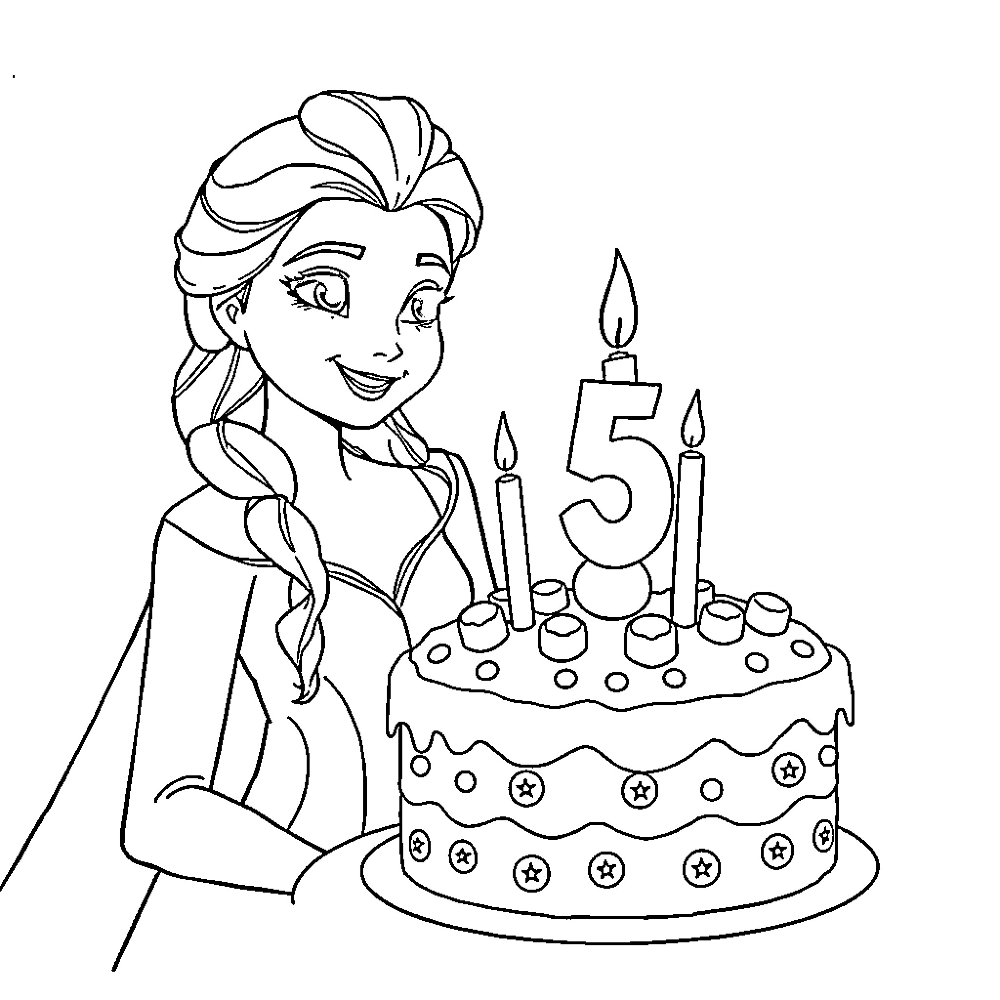 Elsa celebrates her 5th birthday with a cake Coloring Page (free black-and-white line drawing printable PDF for all, from beginners to advanced learners, including children, teens, adults, and seniors)