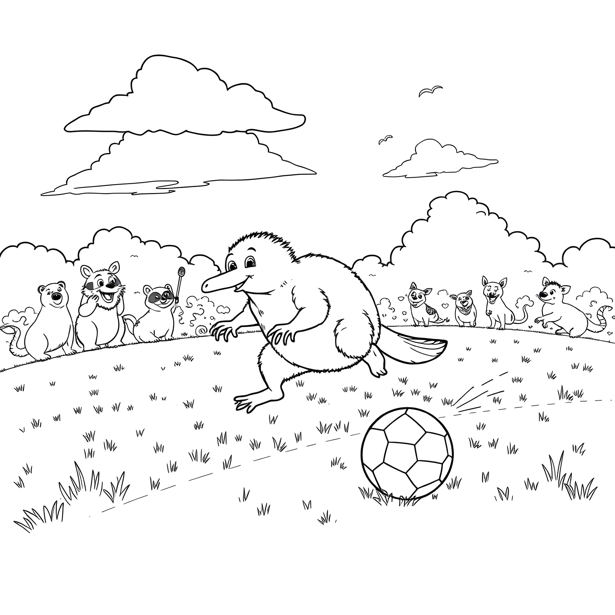 Platypus playing with a soccer ball in the park Coloring Page (free black-and-white line drawing printable PDF for all, from beginners to advanced learners, including children, teens, adults, and seniors)