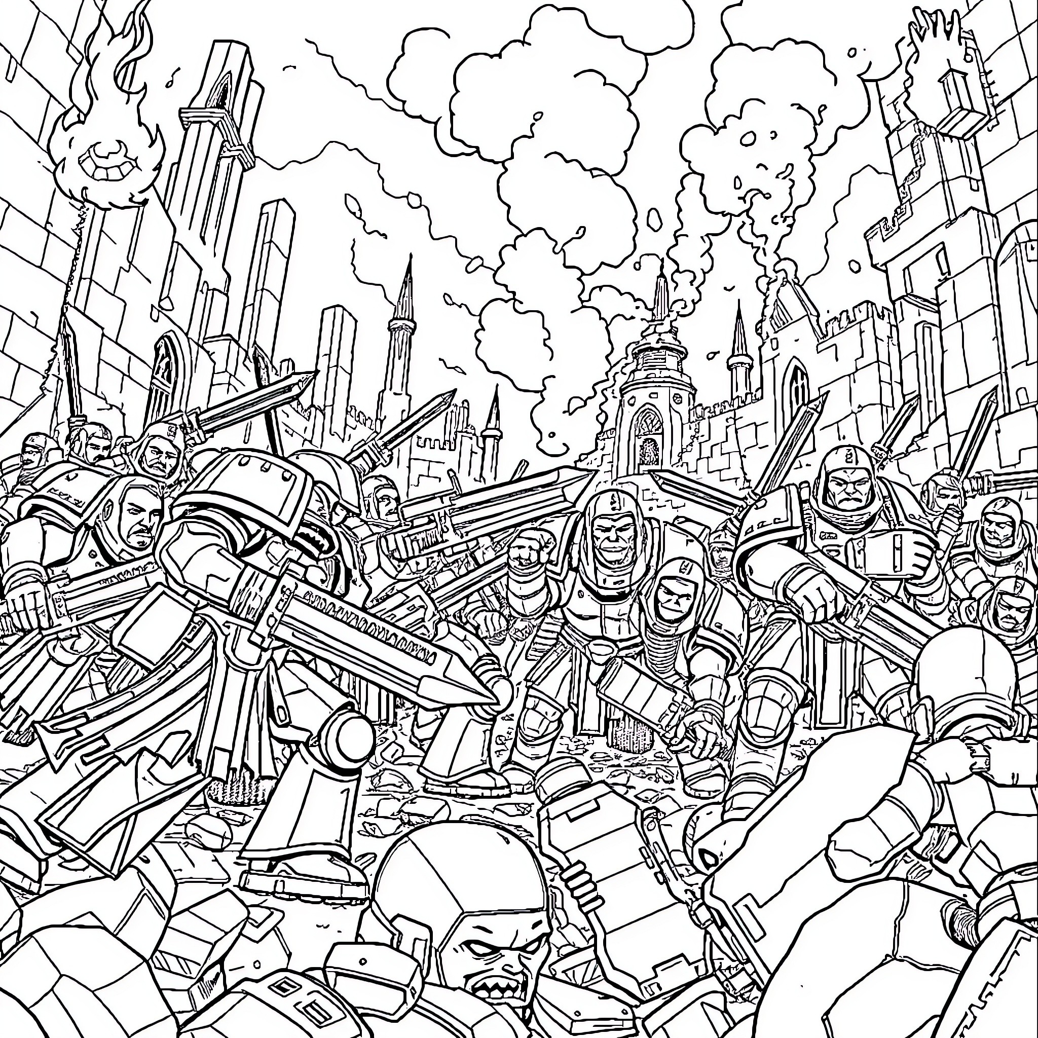 Ultramarines in the Midst of a Chaotic Urban Battle Coloring Page (free black-and-white line drawing printable PDF for all, from beginners to advanced learners, including children, teens, adults, and seniors)