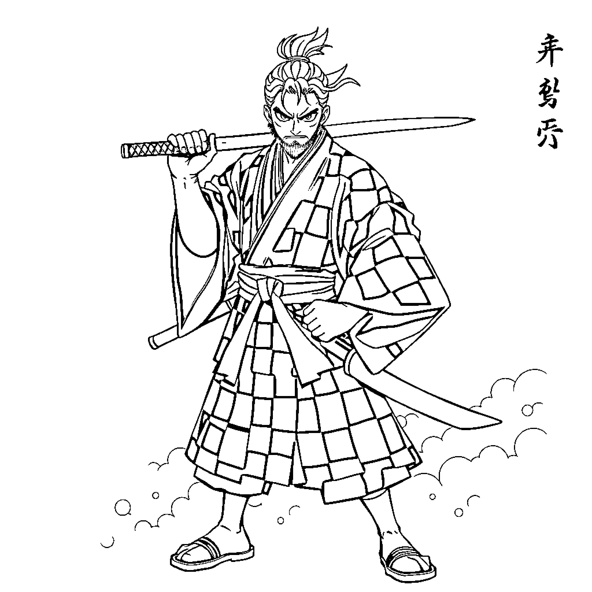 Tanjiro in Samurai Warrior Attire Coloring Page (free black-and-white line drawing printable PDF for all, from beginners to advanced learners, including children, teens, adults, and seniors)
