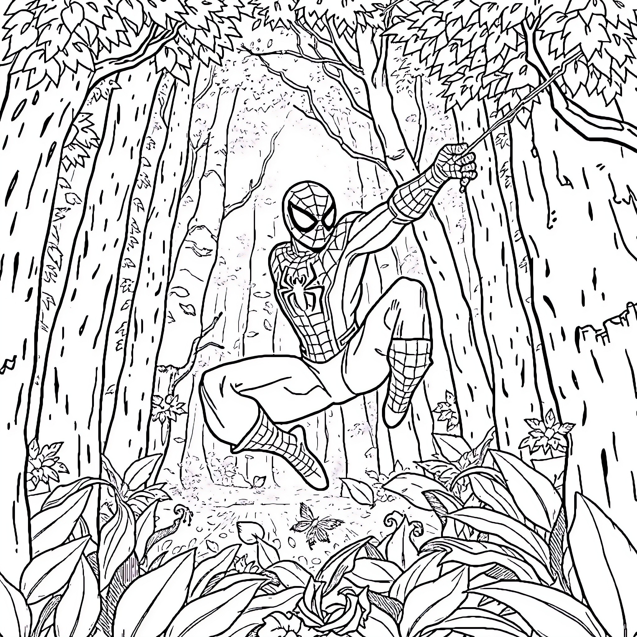 Spider-Man swinging through the jungle with nature Coloring Page (free black-and-white line drawing printable PDF for all, from beginners to advanced learners, including children, teens, adults, and seniors)