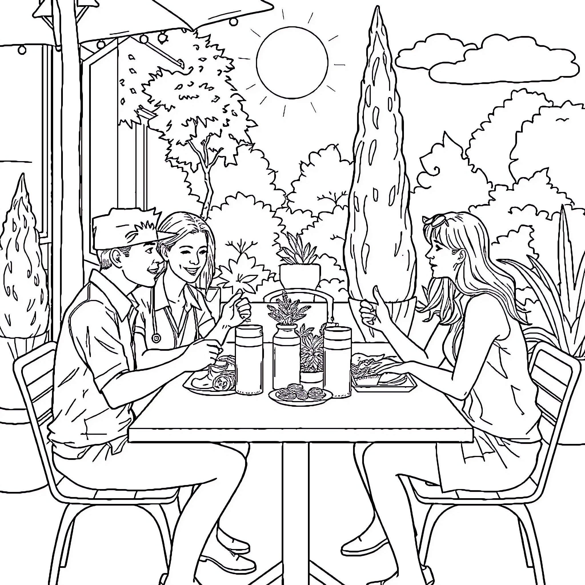 HR Team Enjoying Outdoor Lunch in Nature Coloring Page (free black-and-white line drawing printable PDF for all, from beginners to advanced learners, including children, teens, adults, and seniors)