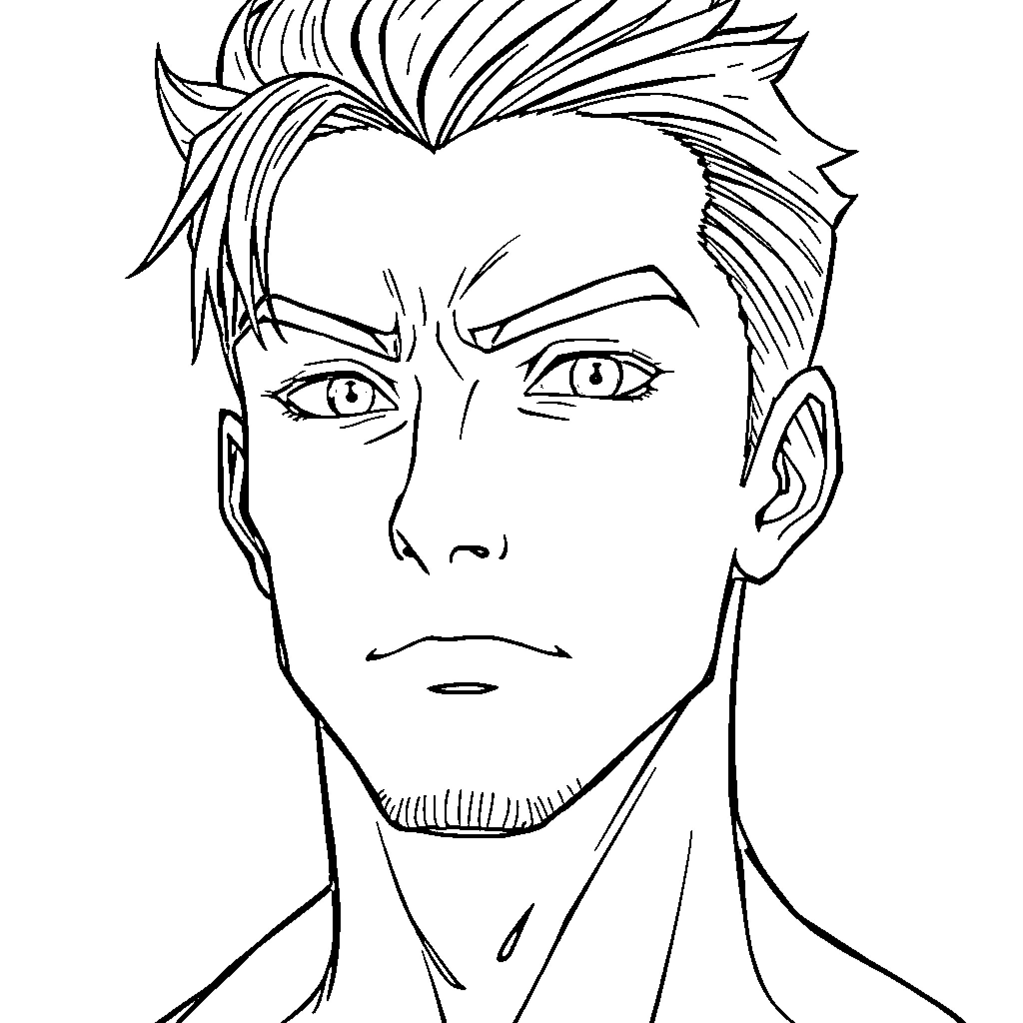 Anime Guy with Intense Expression Coloring Page (free black-and-white line drawing printable PDF for all, from beginners to advanced learners, including children, teens, adults, and seniors)