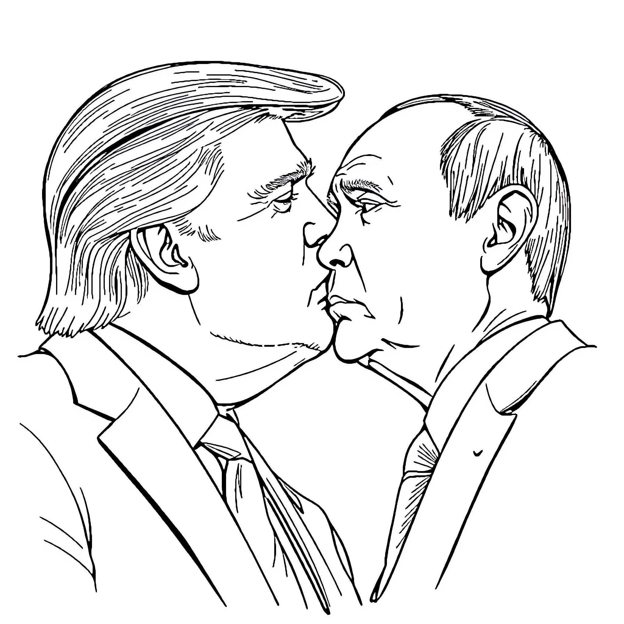 Donald Trump and Vladimir Putin in intense confrontation Coloring Page (free black-and-white line drawing printable PDF for all, from beginners to advanced learners, including children, teens, adults, and seniors)