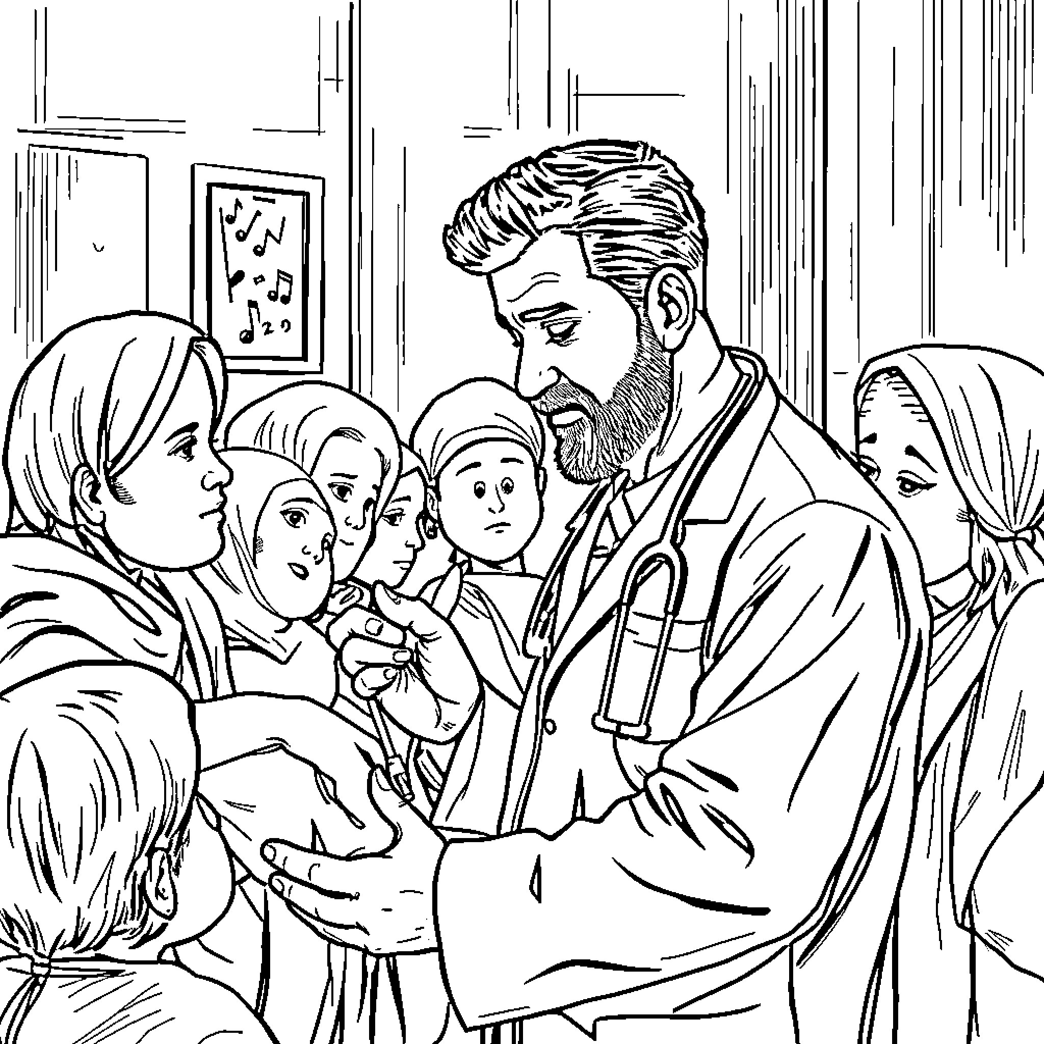Jose Gregorio Hernandez interacting with family members Coloring Page (free black-and-white line drawing printable PDF for all, from beginners to advanced learners, including children, teens, adults, and seniors)
