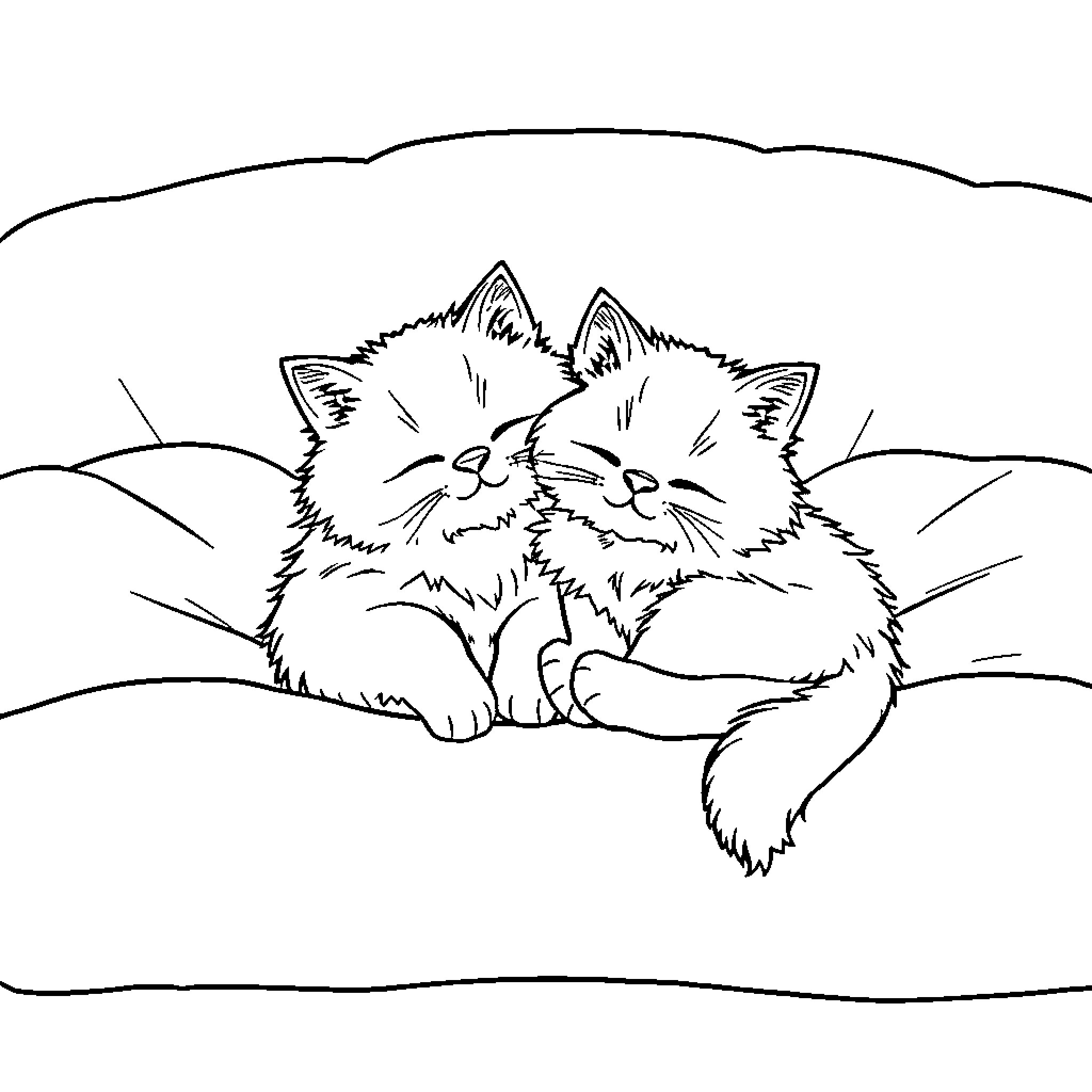Cats resting contentedly in the landscape Coloring Page (free black-and-white line drawing printable PDF for all, from beginners to advanced learners, including children, teens, adults, and seniors)