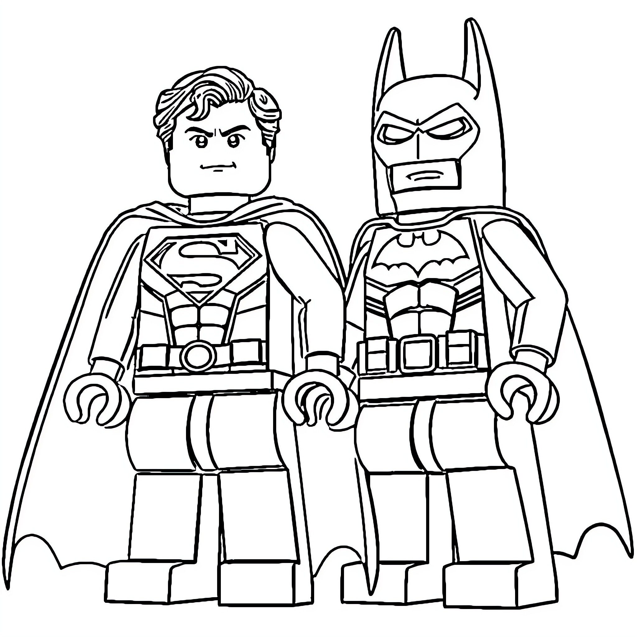 Superman and Batman in superhero outfits Coloring Page (free black-and-white line drawing printable PDF for all, from beginners to advanced learners, including children, teens, adults, and seniors)