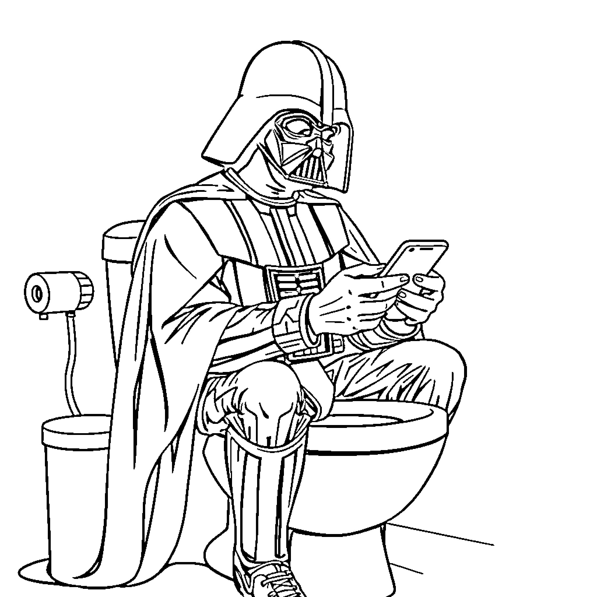 Darth Vader relaxing with a device Coloring Page (free black-and-white line drawing printable PDF for all, from beginners to advanced learners, including children, teens, adults, and seniors)