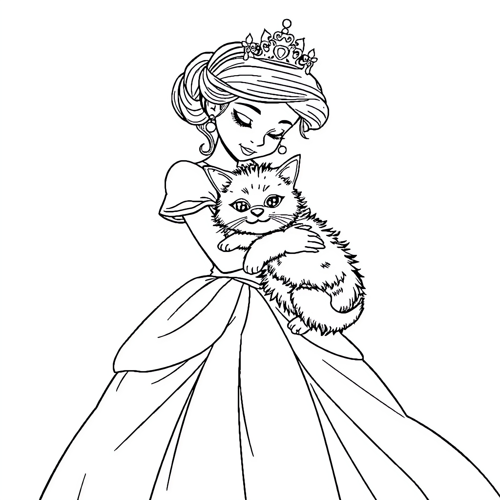 Princess and her Adorable Pet Kitten Coloring Page (free black-and-white line drawing printable PDF for all, from beginners to advanced learners, including children, teens, adults, and seniors)