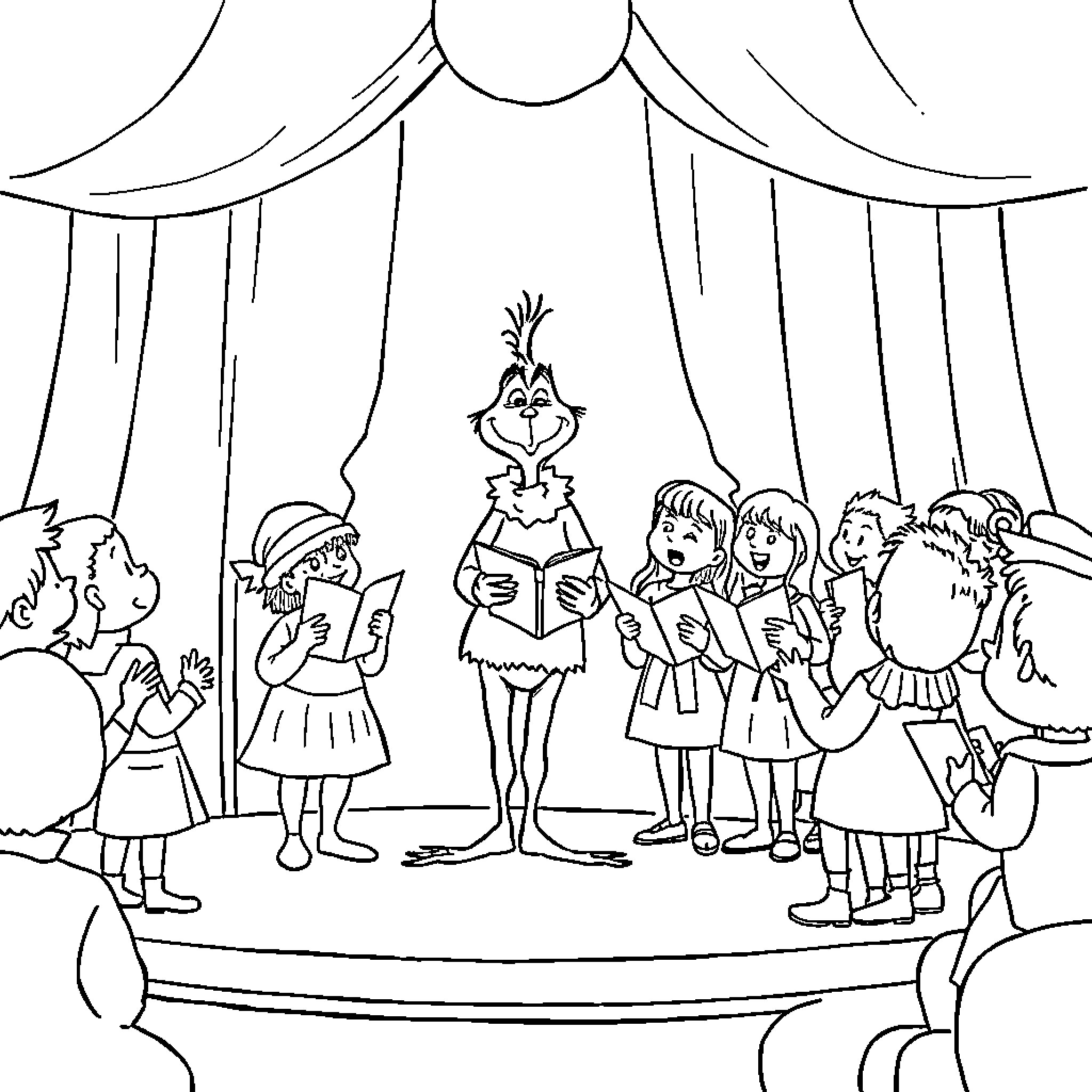 Grinch performing for a crowd of children Coloring Page (free black-and-white line drawing printable PDF for all, from beginners to advanced learners, including children, teens, adults, and seniors)