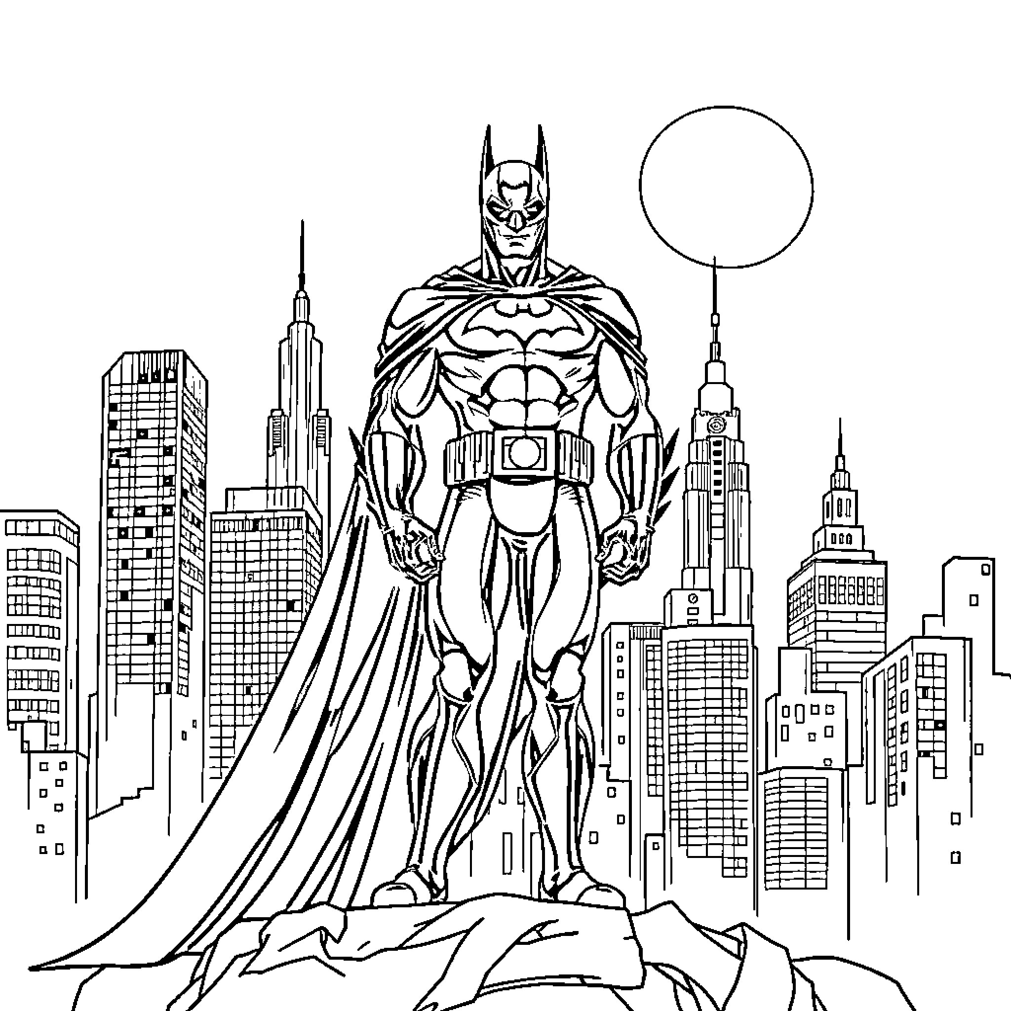 Batman standing tall in the city skyline Coloring Page (free black-and-white line drawing printable PDF for all, from beginners to advanced learners, including children, teens, adults, and seniors)