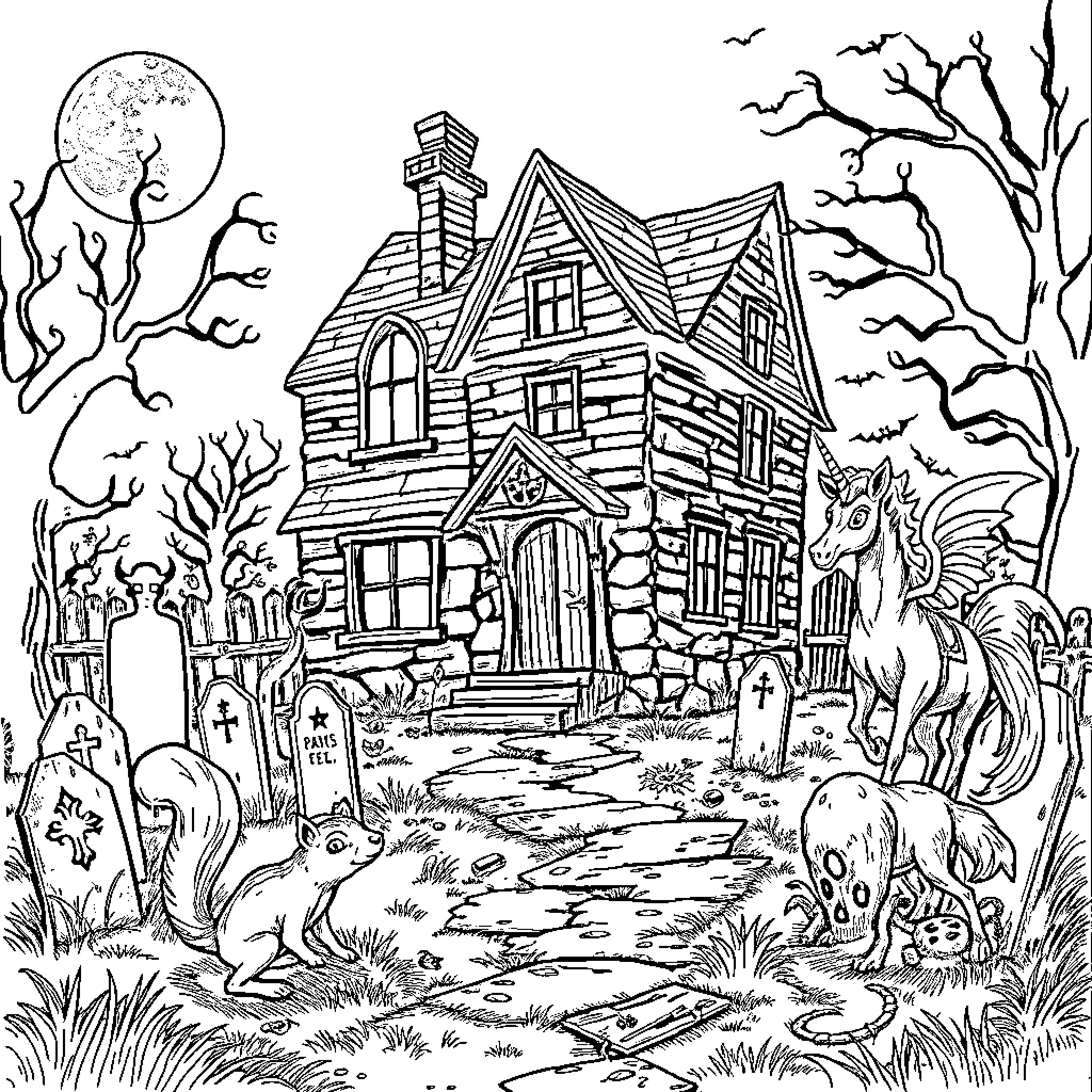 House with Haunting Halloween Creatures Coloring Page (free black-and-white line drawing printable PDF for all, from beginners to advanced learners, including children, teens, adults, and seniors)