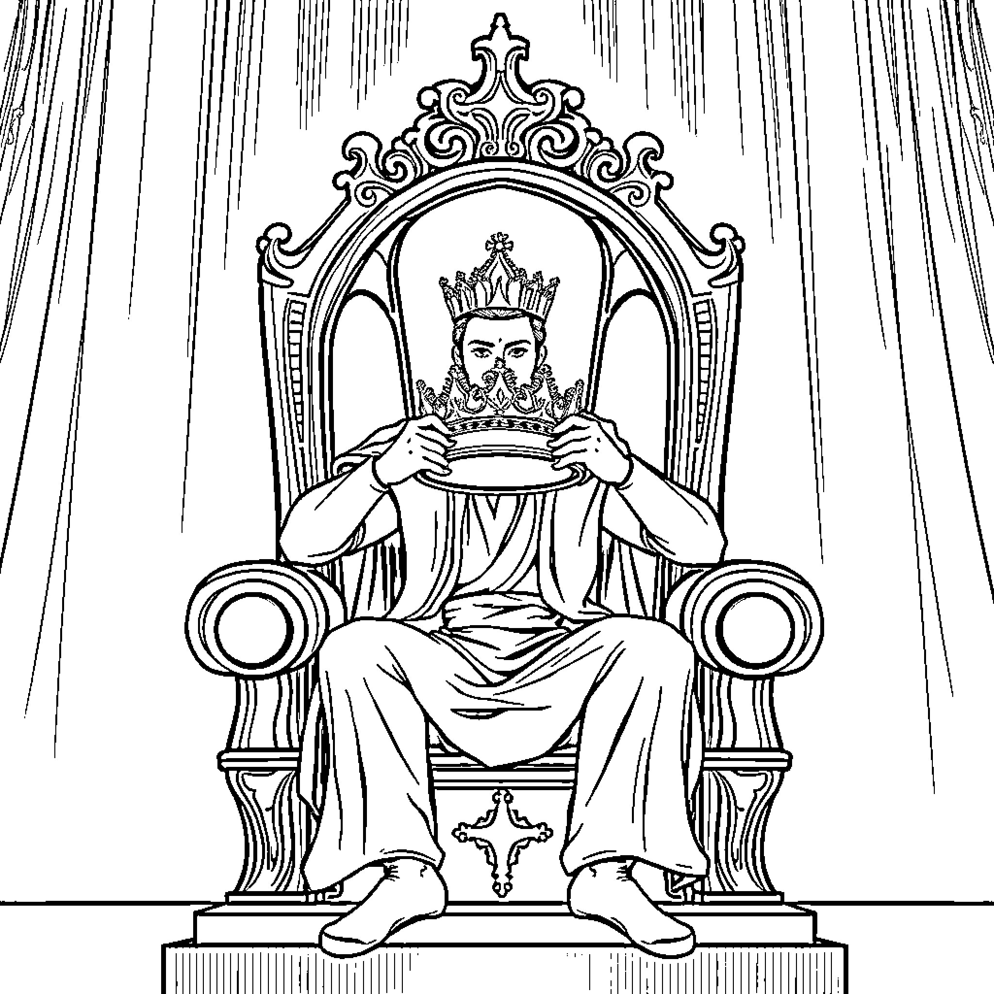 King on the Throne Holding a Crown Coloring Page (free black-and-white line drawing printable PDF for all, from beginners to advanced learners, including children, teens, adults, and seniors)