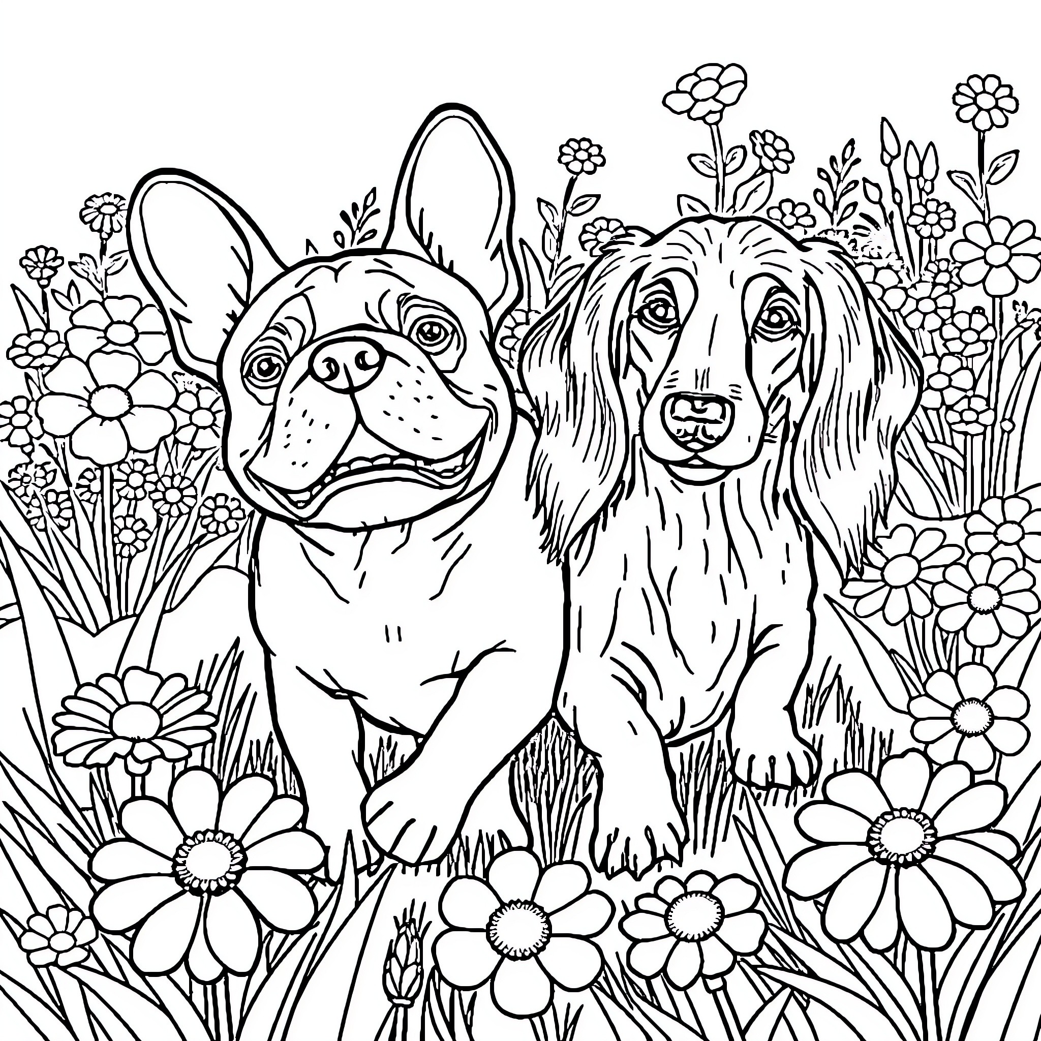 Dogs playing happily in a flowery garden Coloring Page (free black-and-white line drawing printable PDF for all, from beginners to advanced learners, including children, teens, adults, and seniors)