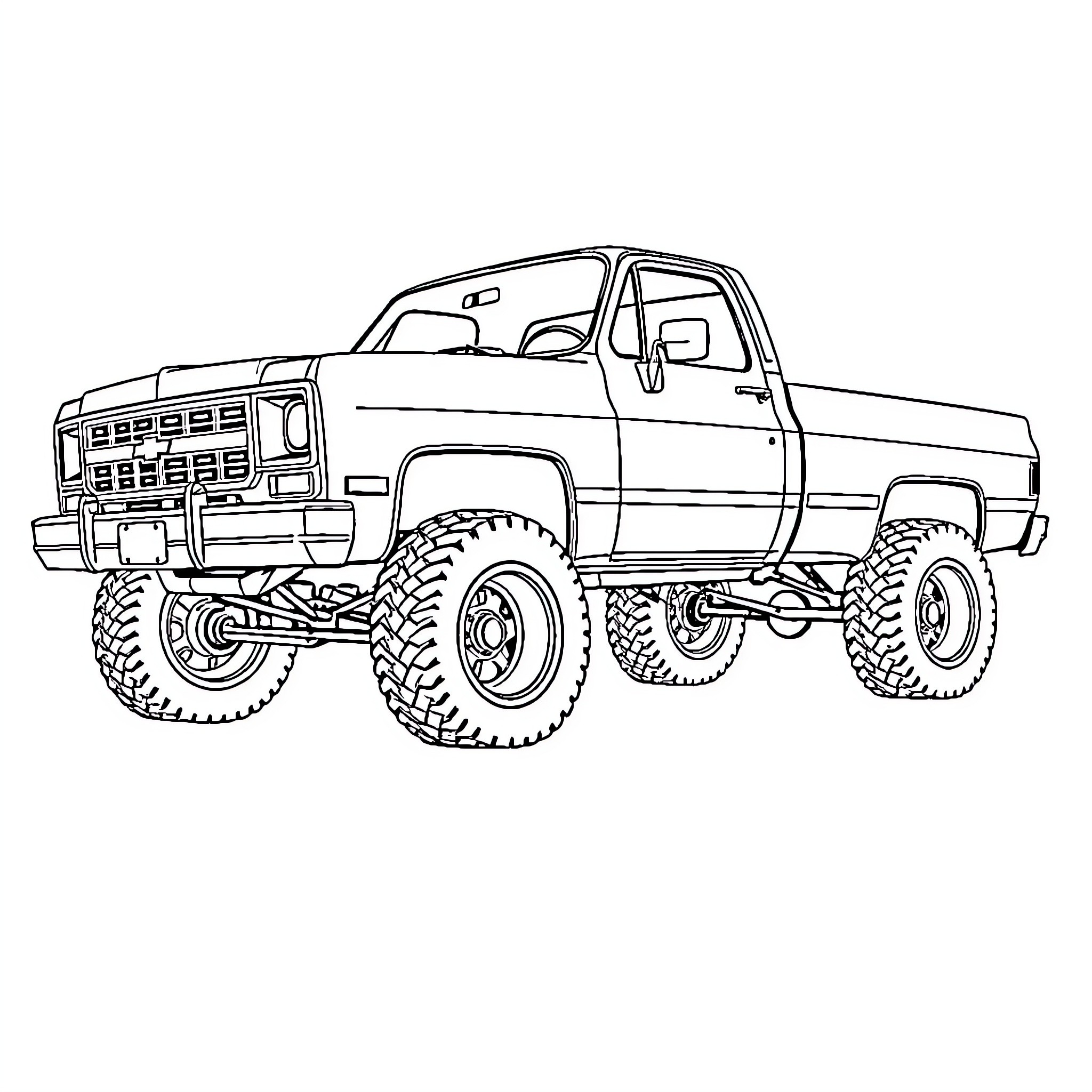 Chevy Pickup truck with off-road modifications Coloring Page (free black-and-white line drawing printable PDF for all, from beginners to advanced learners, including children, teens, adults, and seniors)