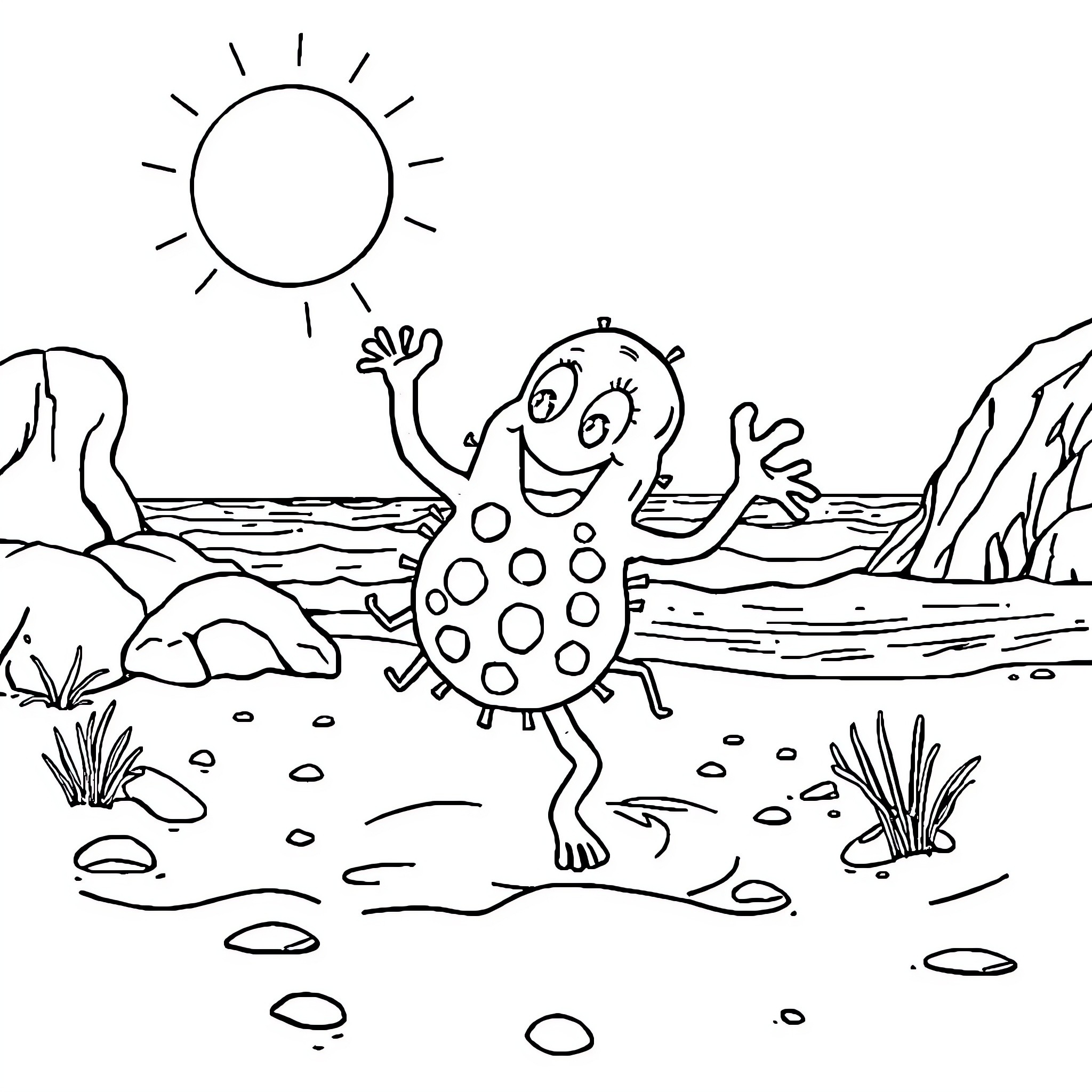 Bacteria enjoying sunny day at the beach Coloring Page (free black-and-white line drawing printable PDF for all, from beginners to advanced learners, including children, teens, adults, and seniors)